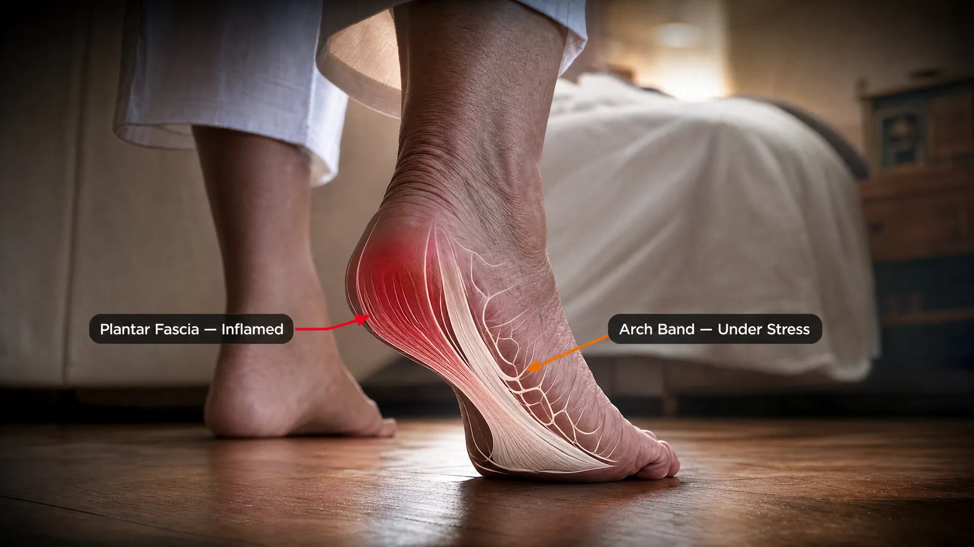 Plantar fascia anatomy diagram — inflamed heel and arch under stress