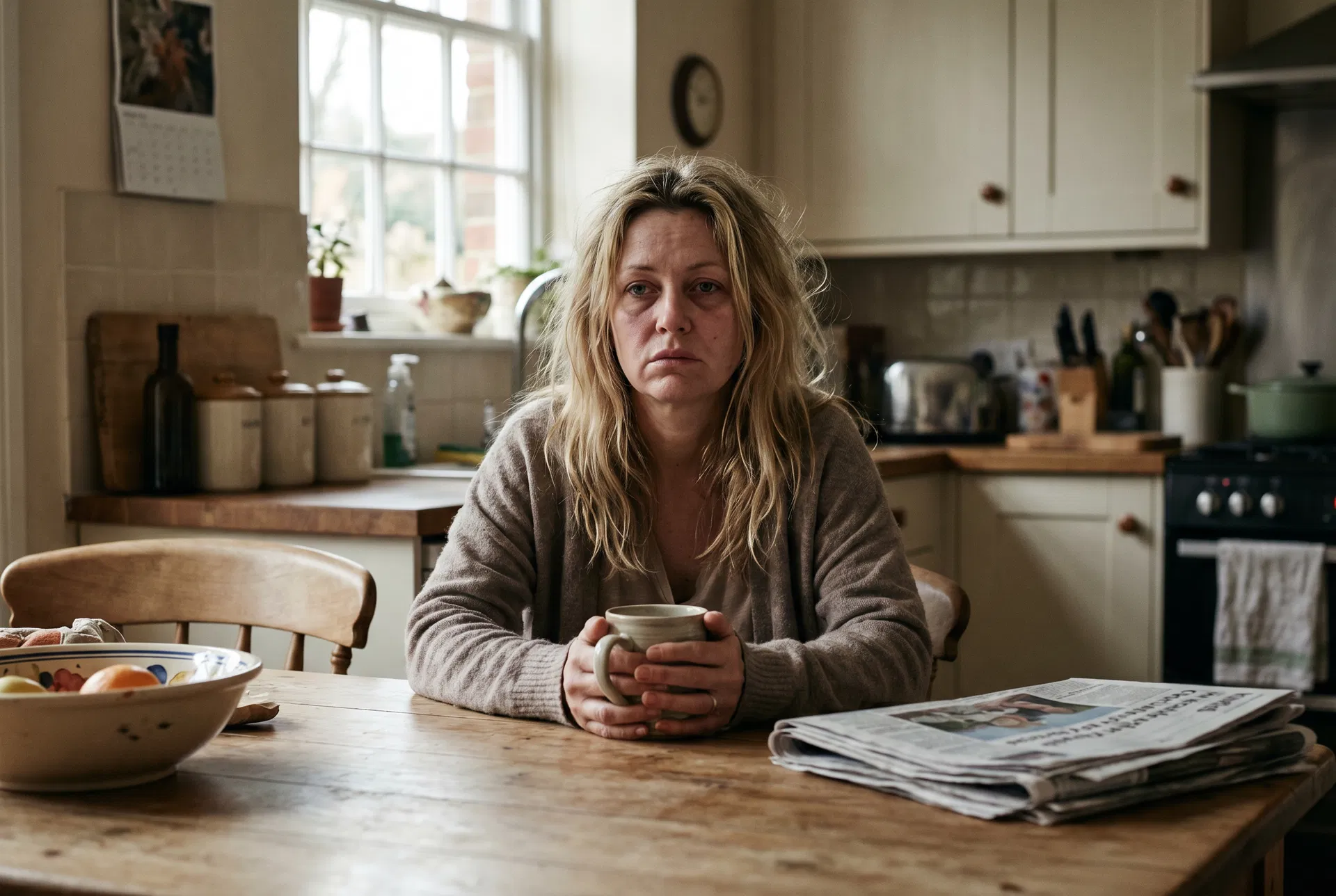 Woman looking exhausted at kitchen table in the morning