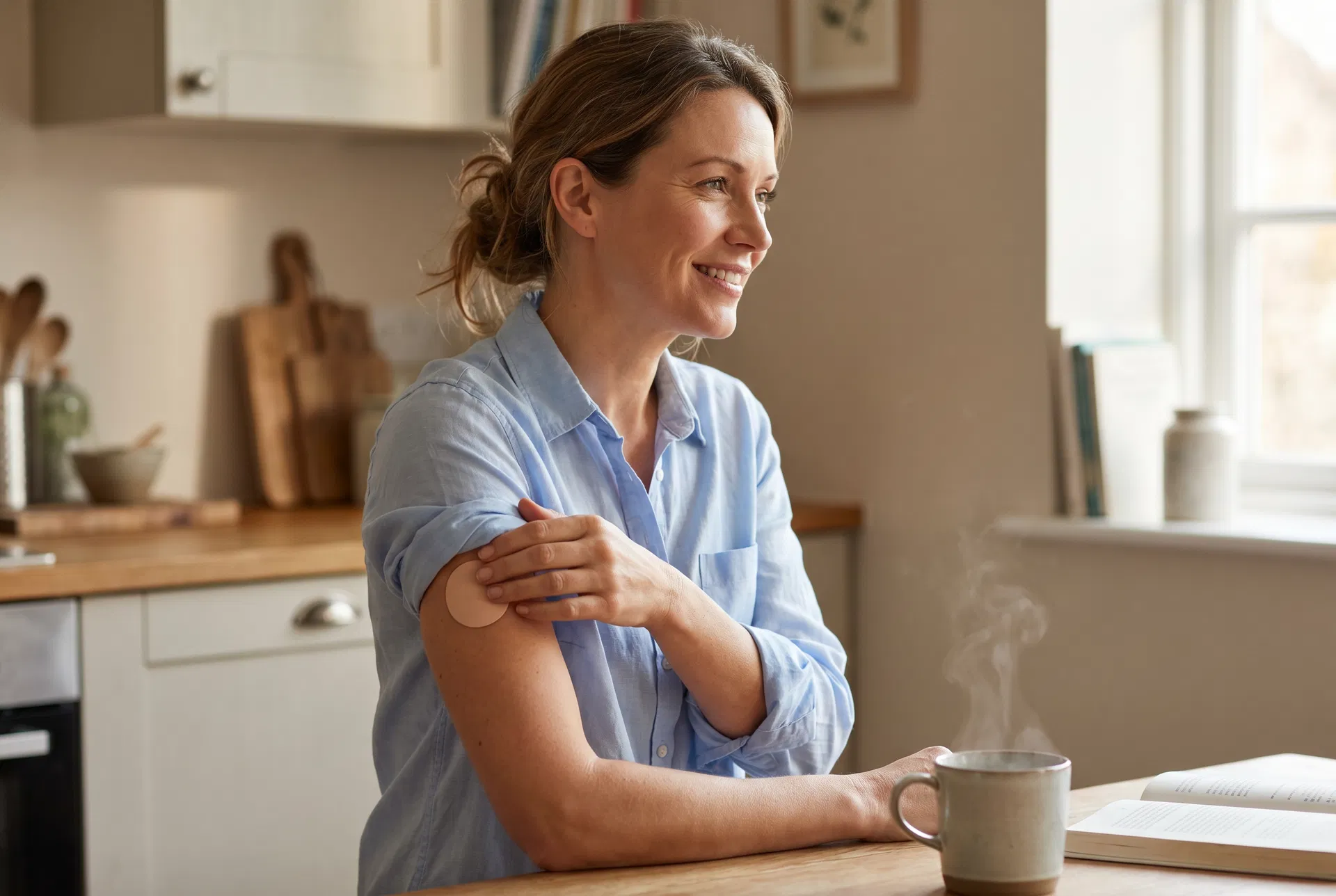 Woman applying Glisera patch, looking calm and refreshed