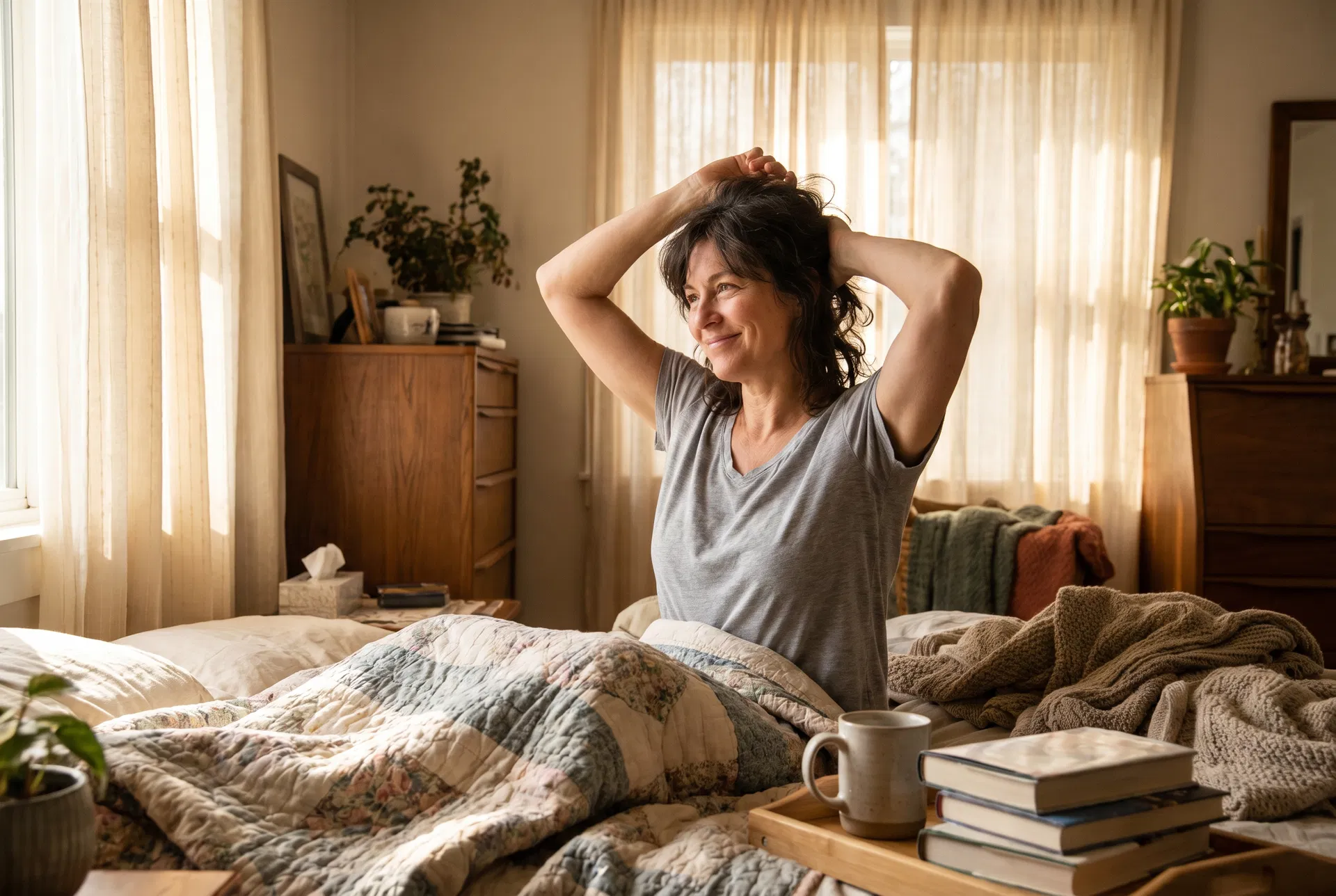 Woman waking up rested and happy in the morning