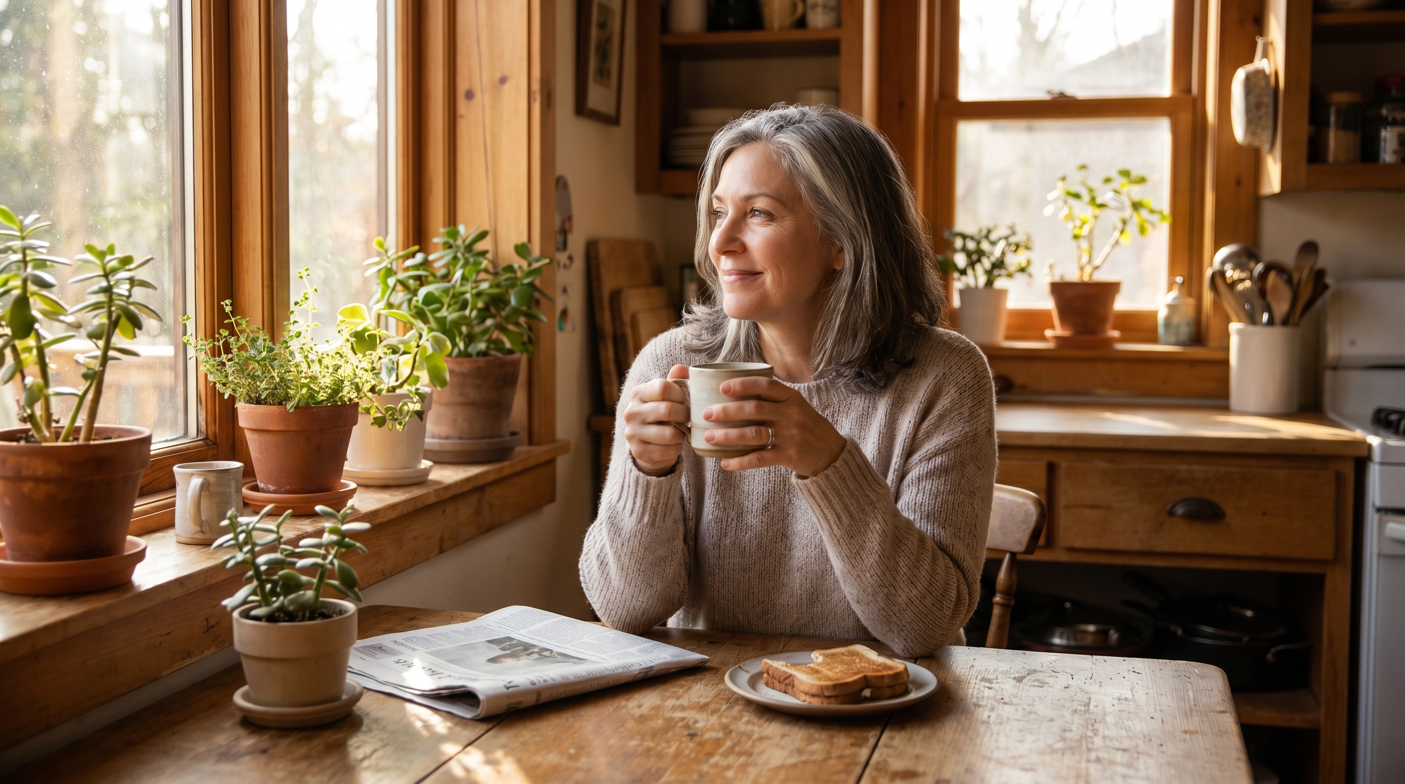 Woman feeling calm and rested at kitchen table in the morning