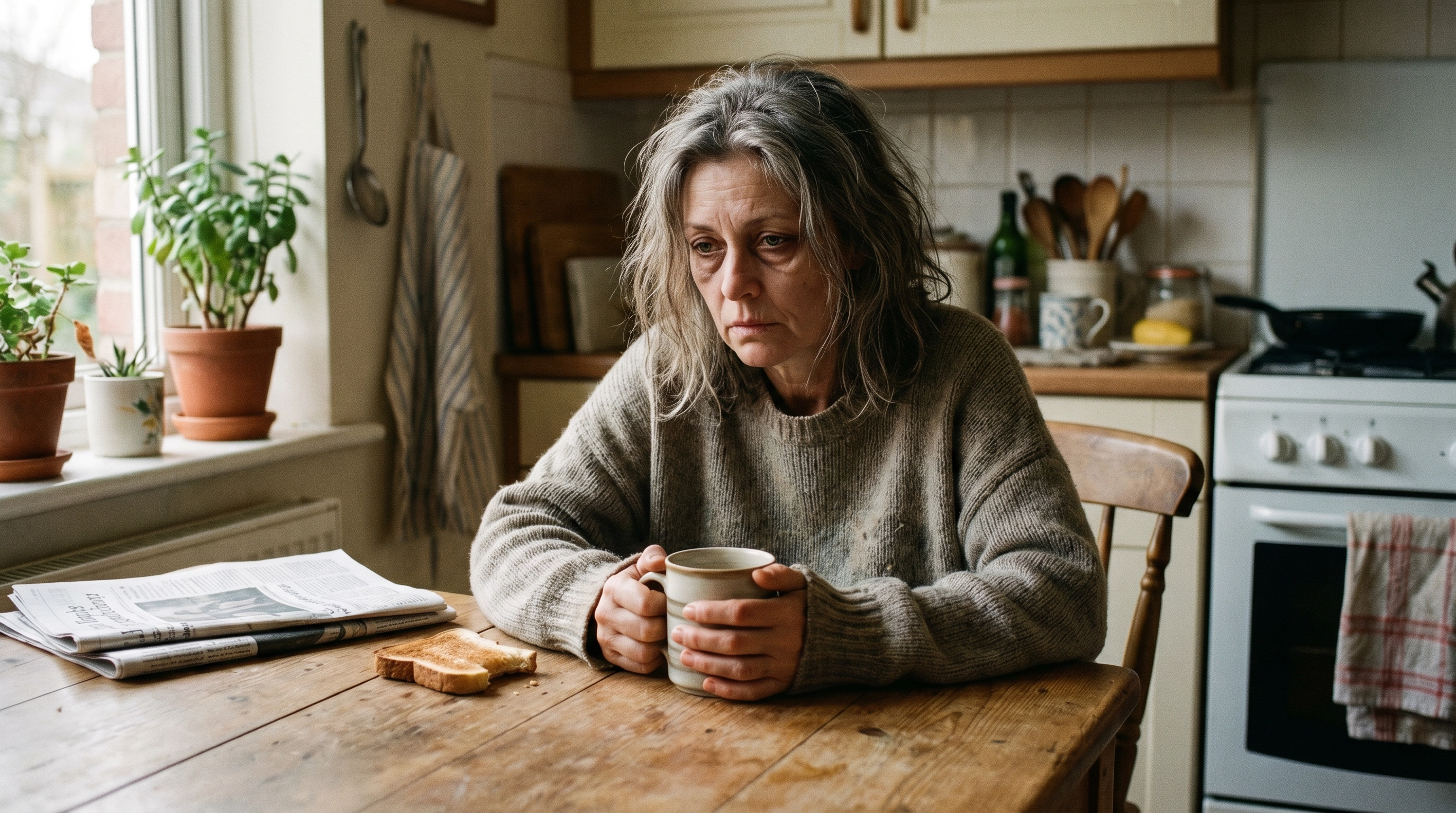 Woman exhausted at kitchen table in the morning