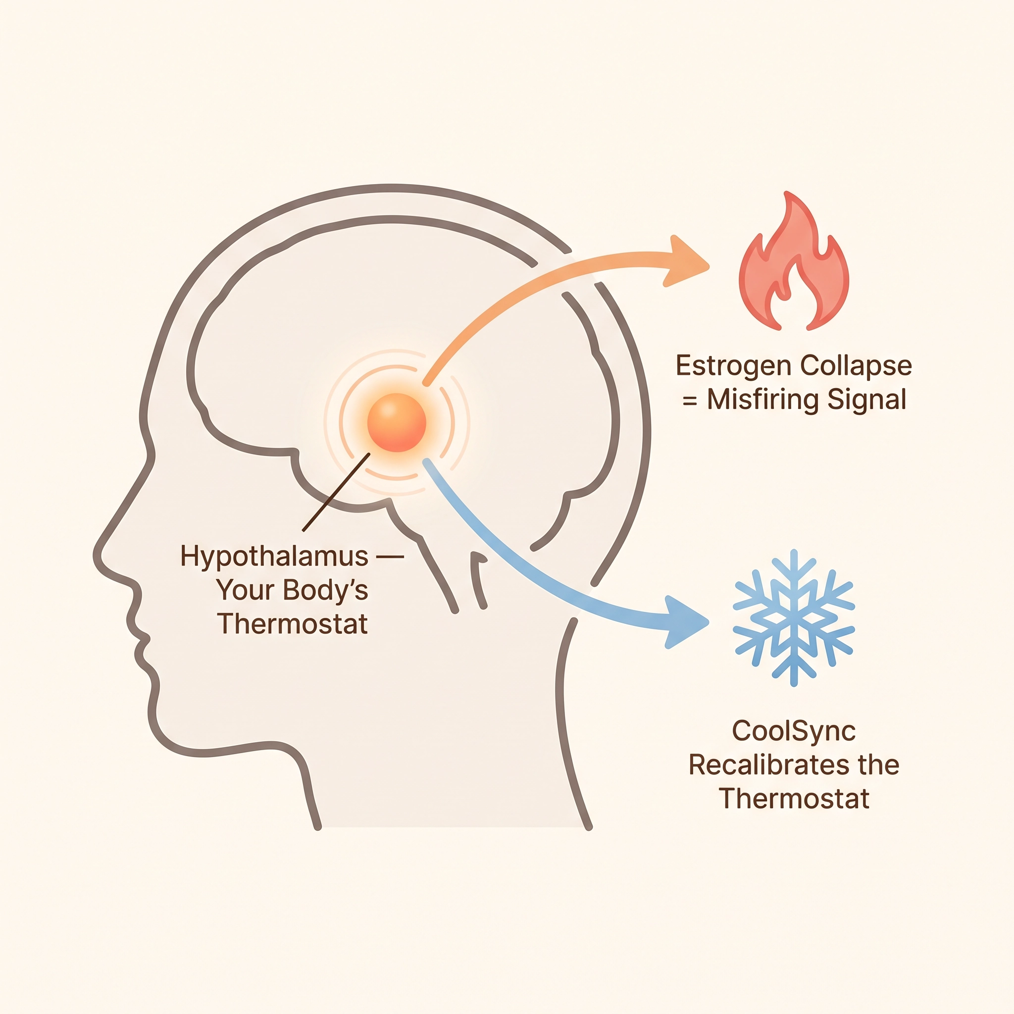 Brain thermostat diagram showing how estrogen collapse causes hot flashes