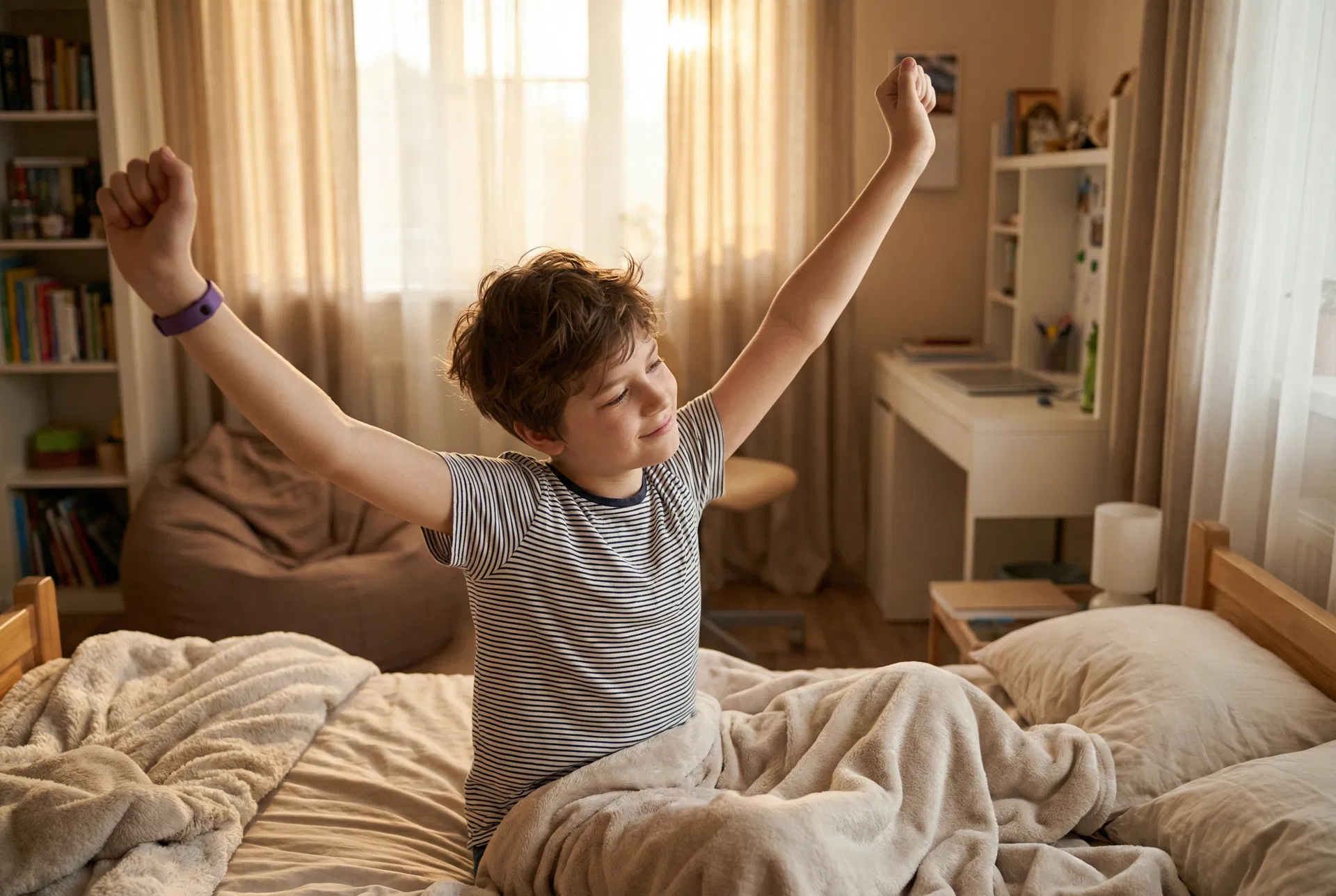 Boy waking up calmly and independently