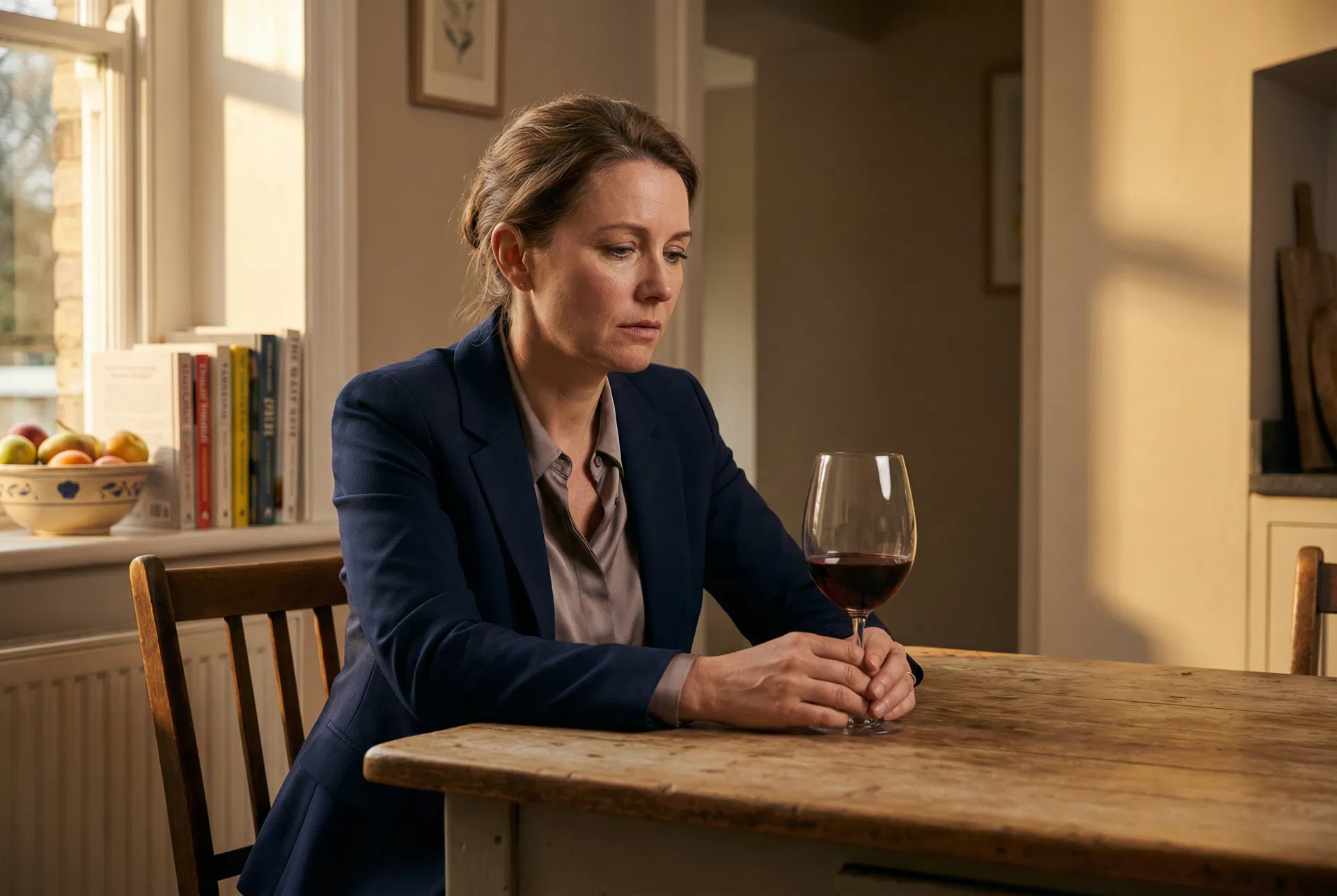A woman sitting alone at a kitchen table in the evening, a glass of wine in front of her, looking conflicted and exhausted