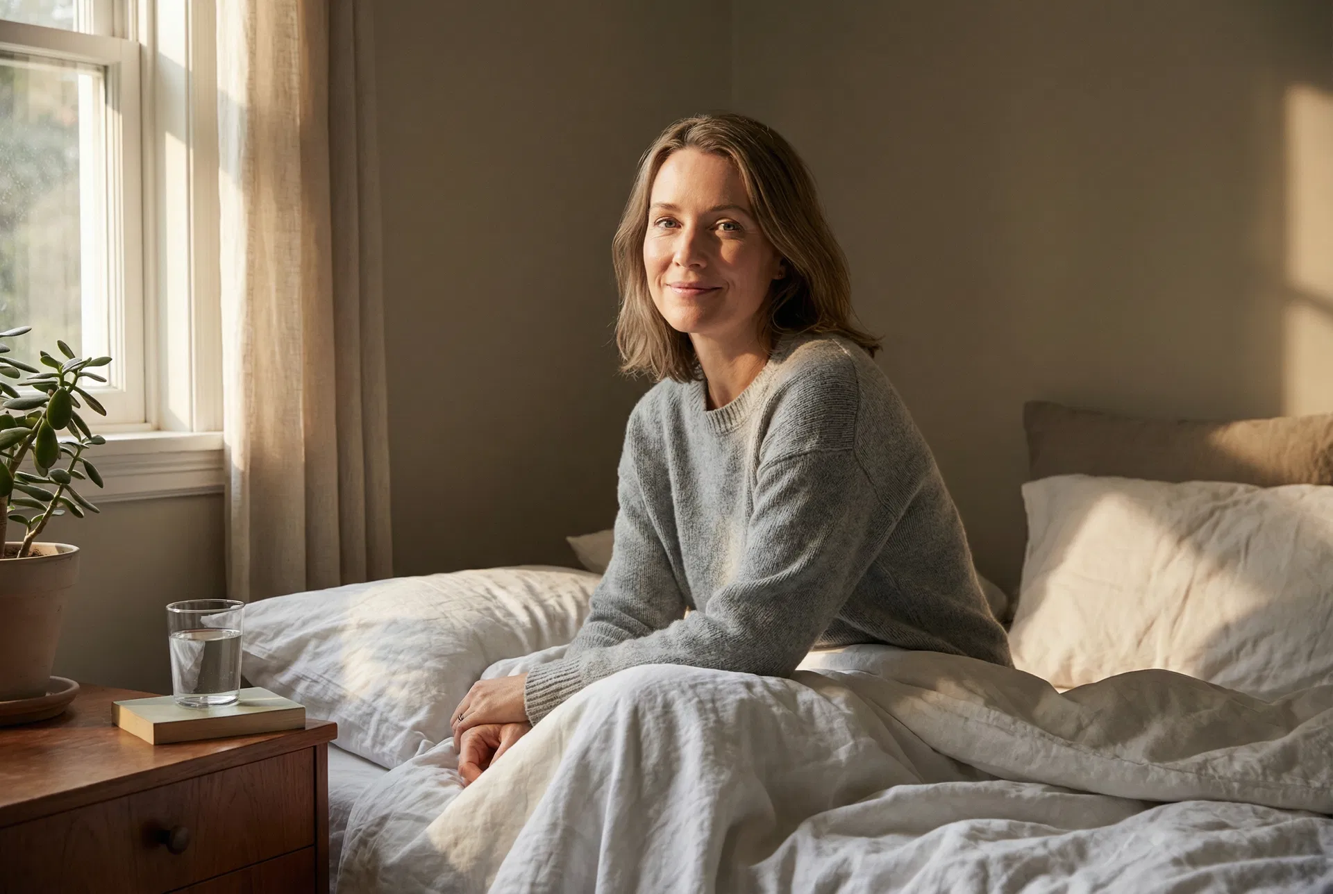 After: woman waking up calm and rested in the morning