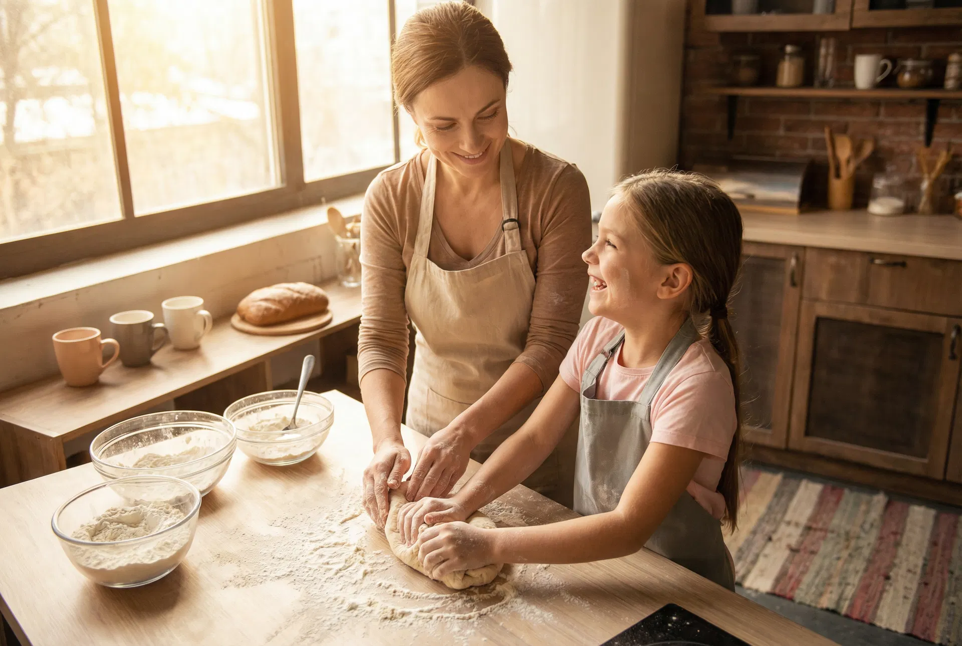 Mother and daughter baking croissants together in the kitchen