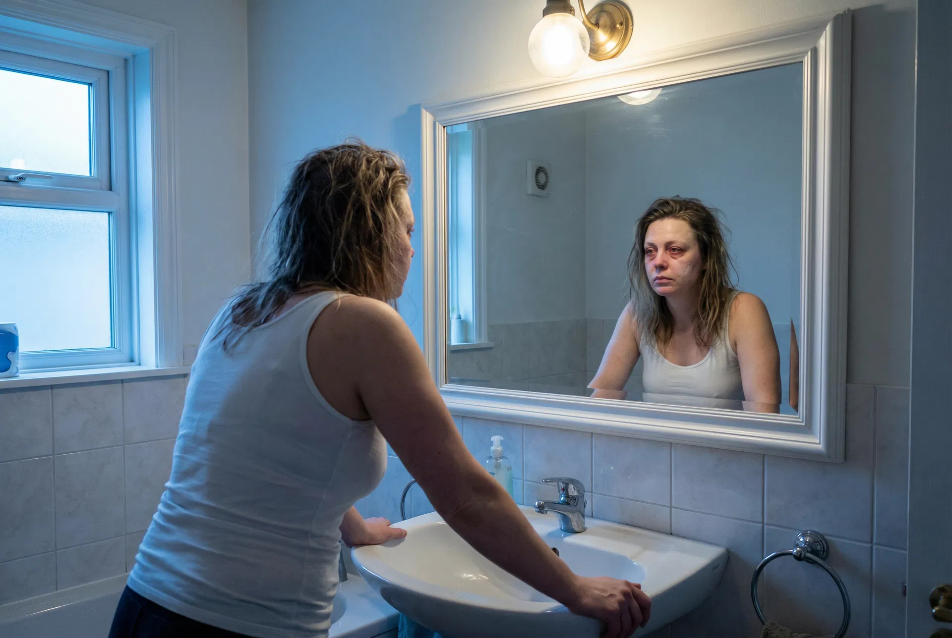 Woman looking at herself in the bathroom mirror the morning after