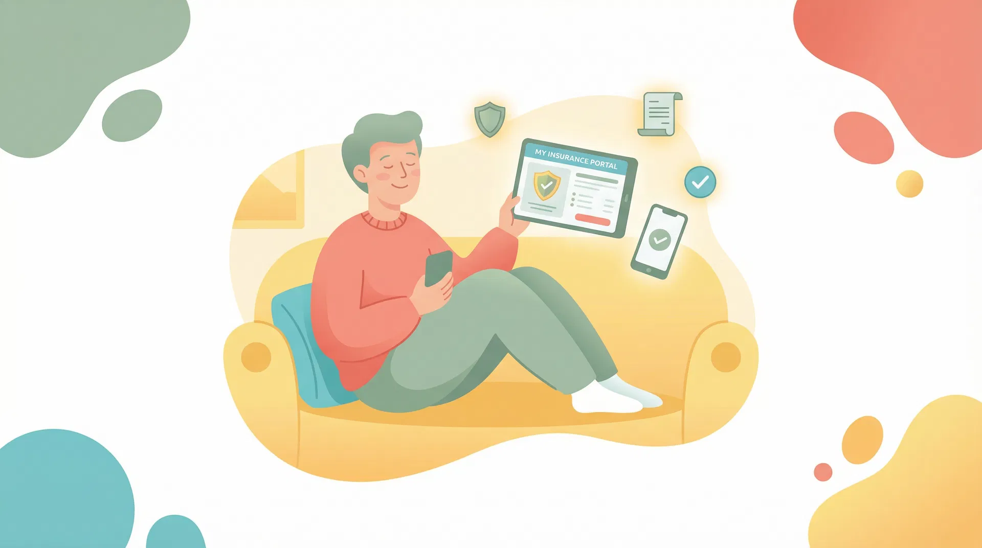 Illustrated client accessing their insurance portal from home on tablet and phone
