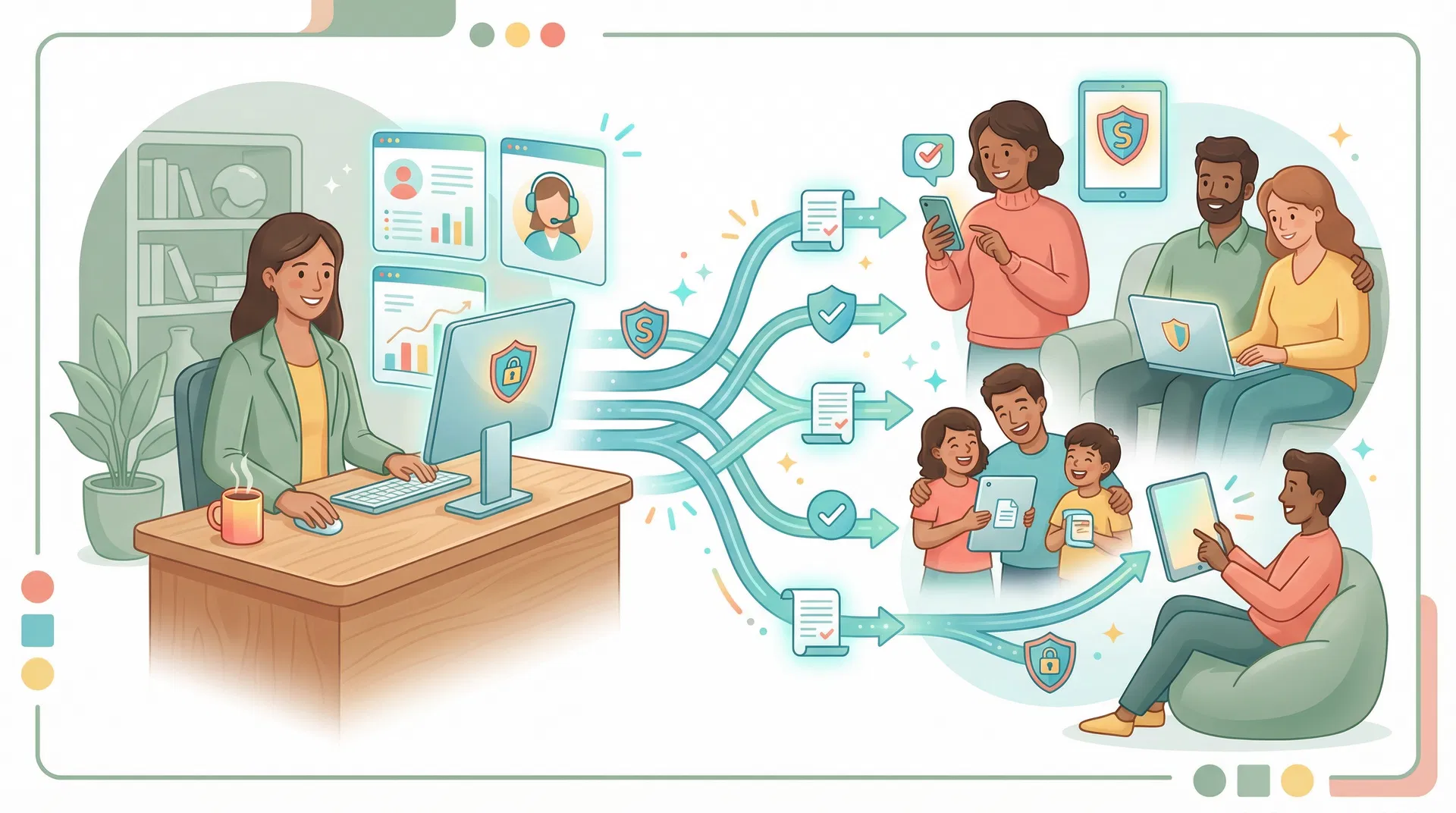 Illustrated connection between insurance agent and clients through PolicyNest