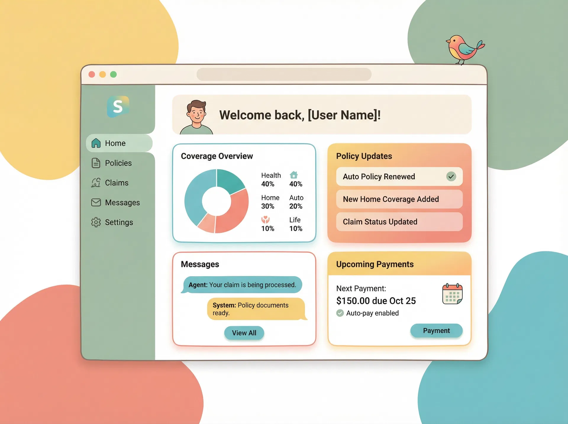 Illustrated PolicyNest dashboard showing organized policies, coverage overview, messages, and payments