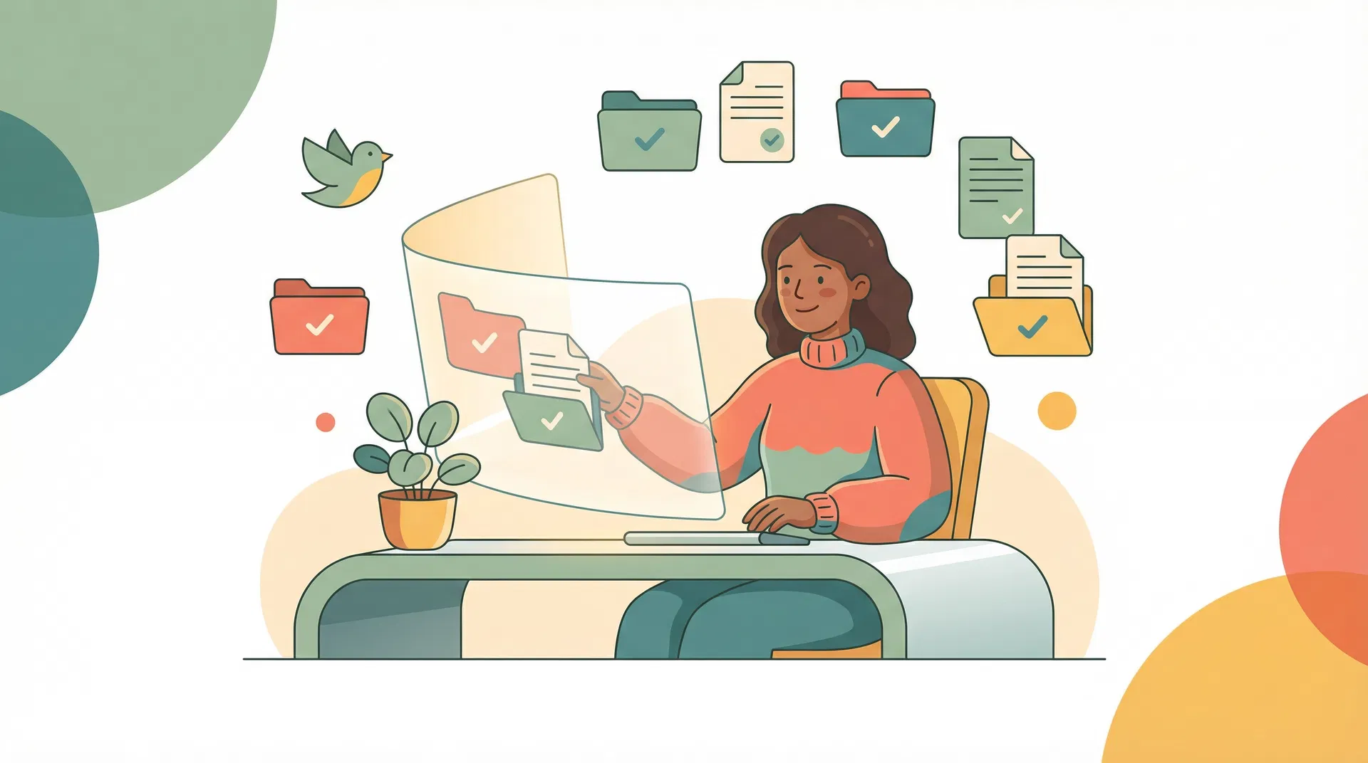 Illustrated insurance agent organizing policies and documents in PolicyNest