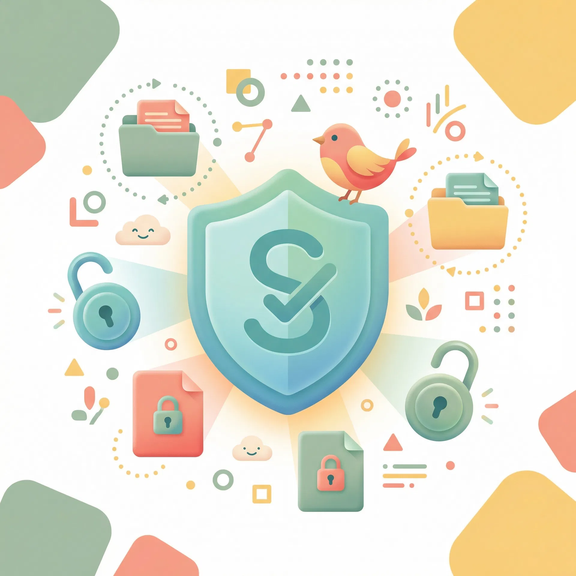Illustrated security shield with bird, locks, and documents