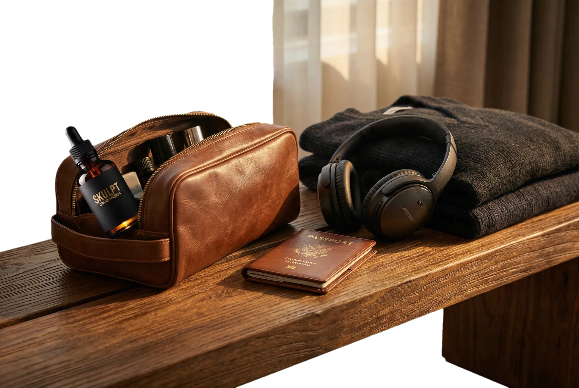 SKULPT packed beside a luxury travel kit