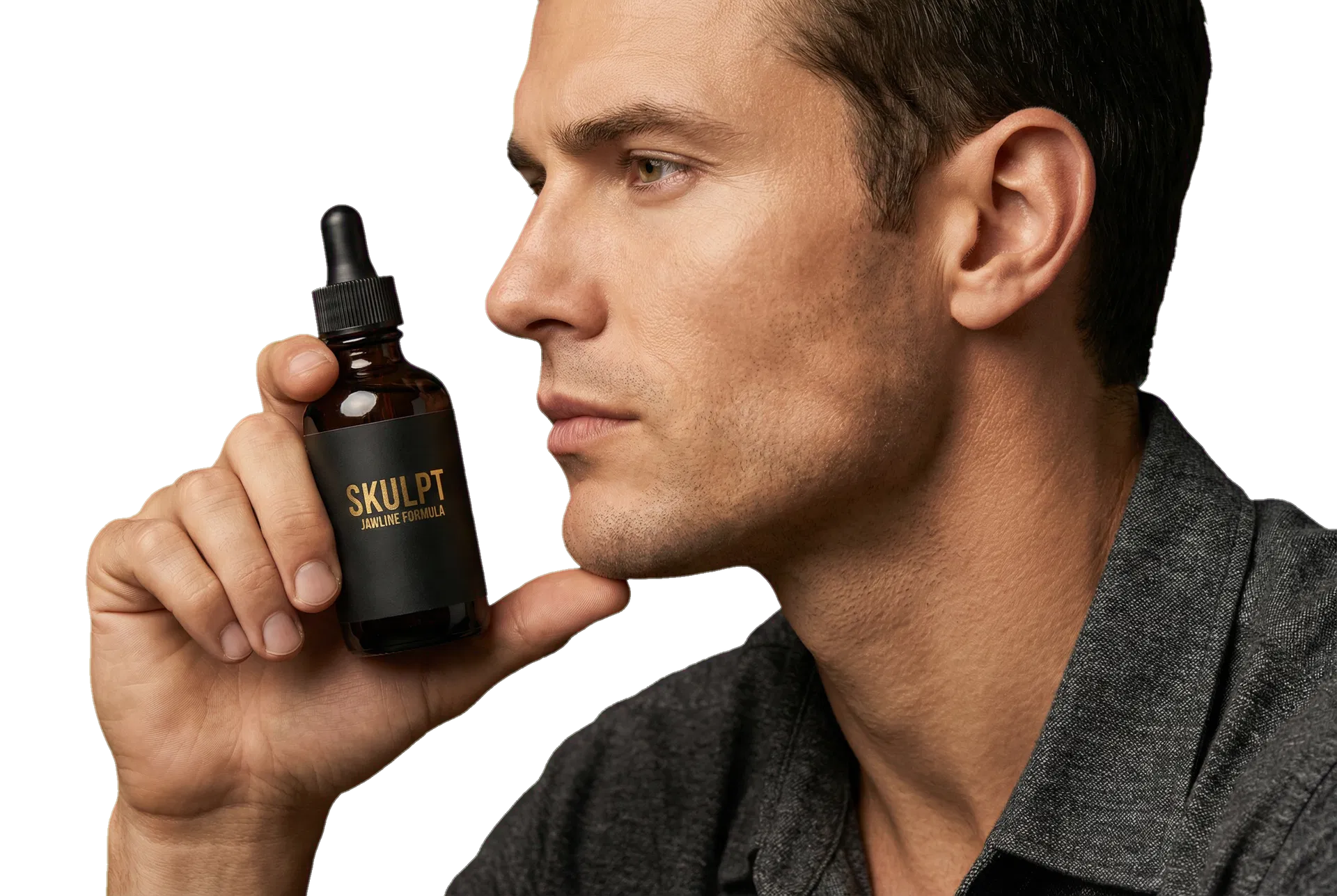 Defined-profile portrait holding SKULPT