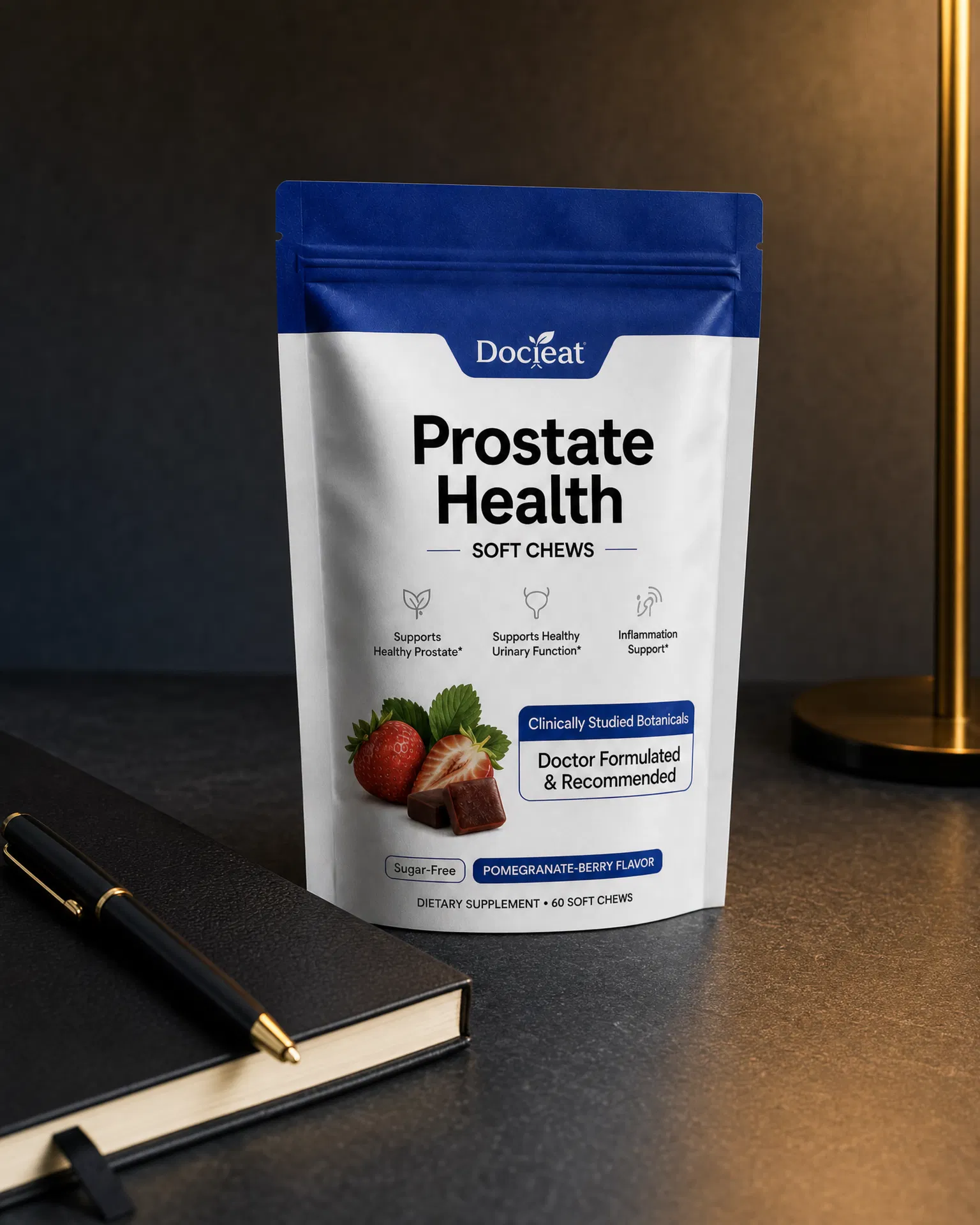 White-and-blue Prostate Health Soft Chews pouch on a dark desk beside a notebook and pen
