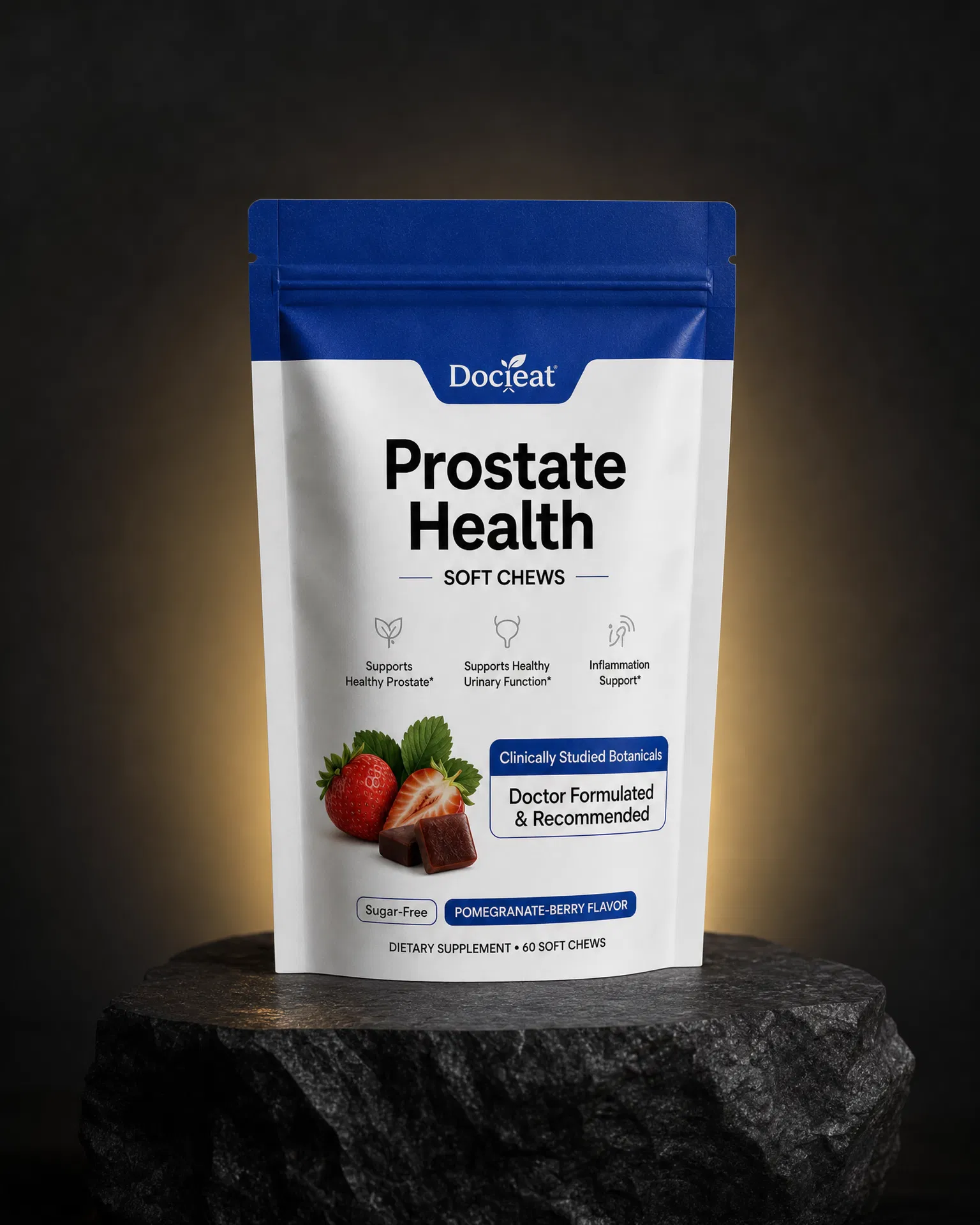 White-and-blue Prostate Health Soft Chews pouch hero shot on a dark stone pedestal