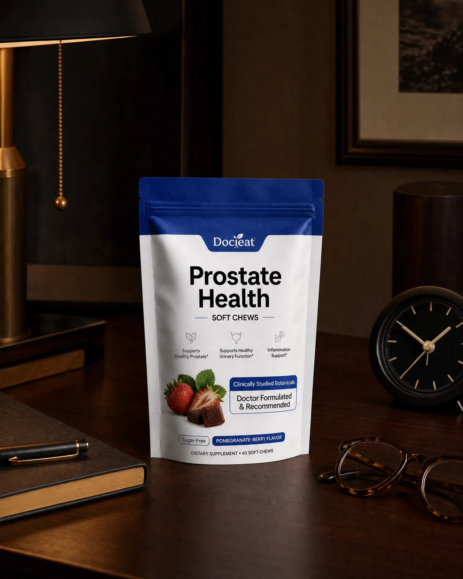 White-and-blue Prostate Health Soft Chews pouch beside glasses and a notebook on a dark wood surface