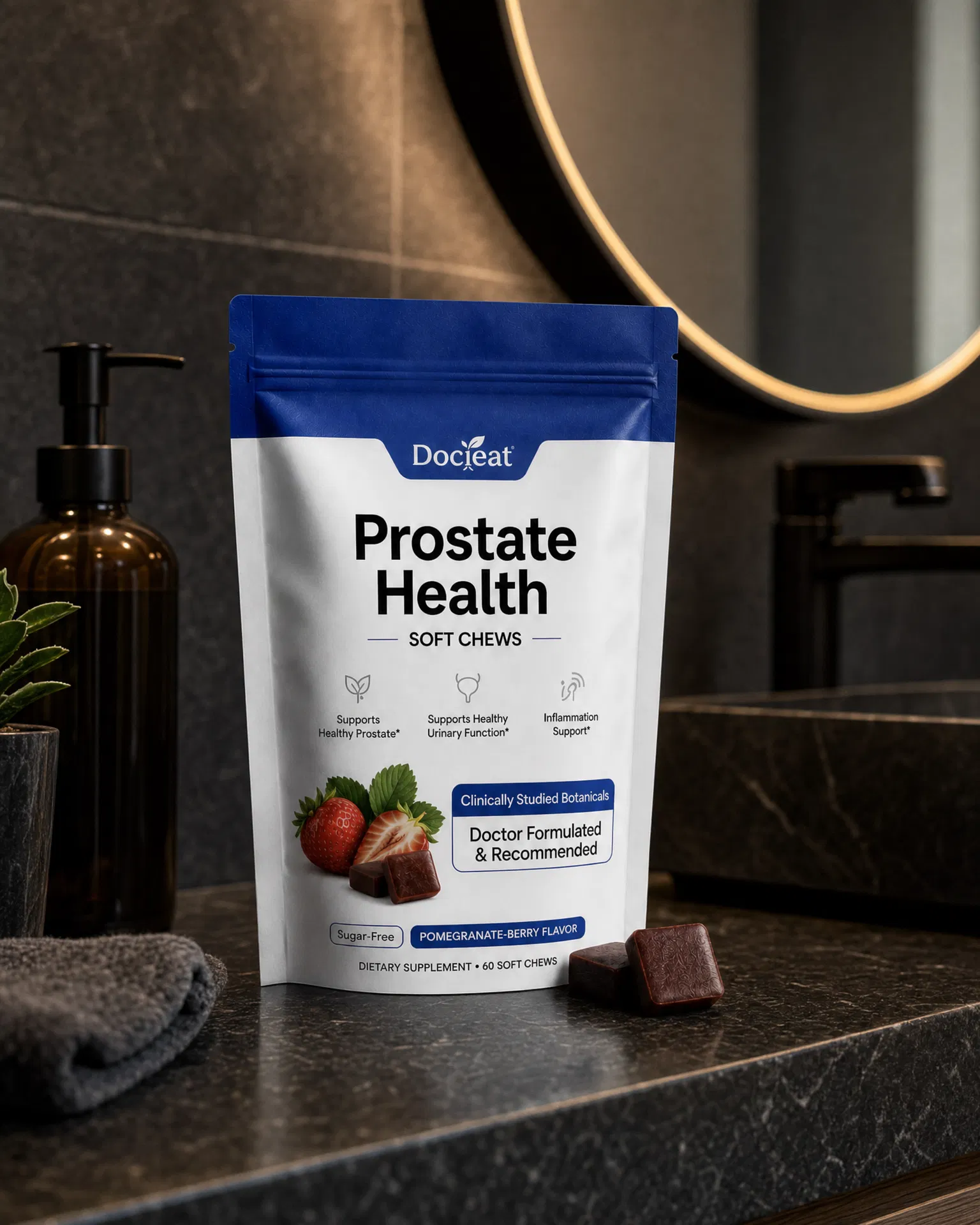 White-and-blue Prostate Health Soft Chews pouch on a dark bathroom counter