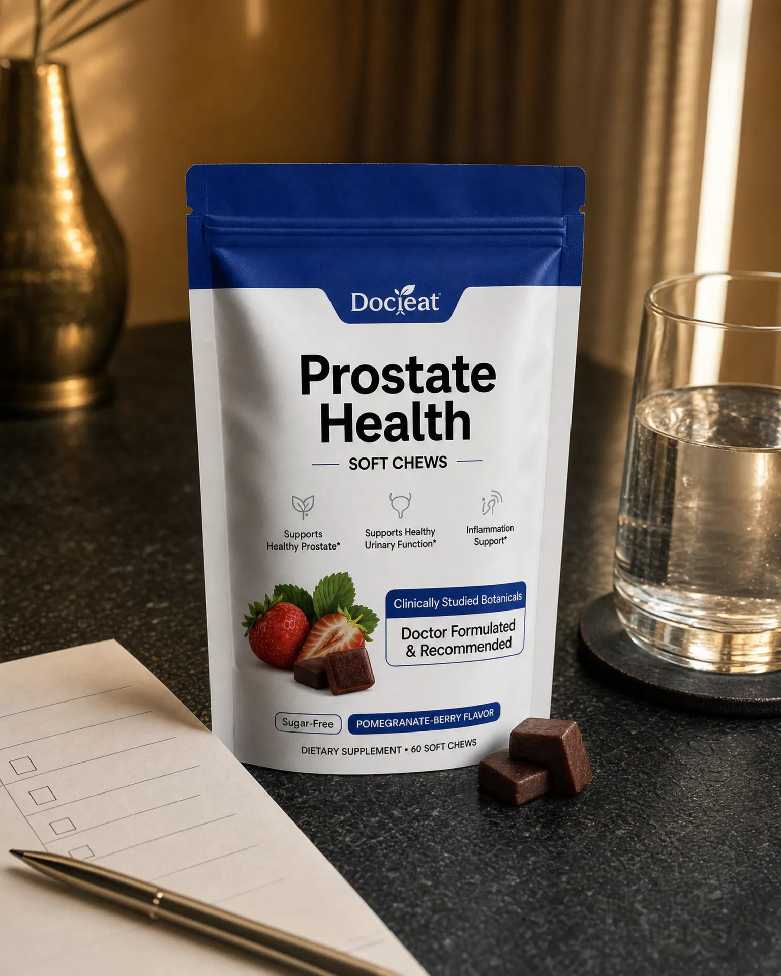 White-and-blue Prostate Health Soft Chews pouch beside a water glass and checklist