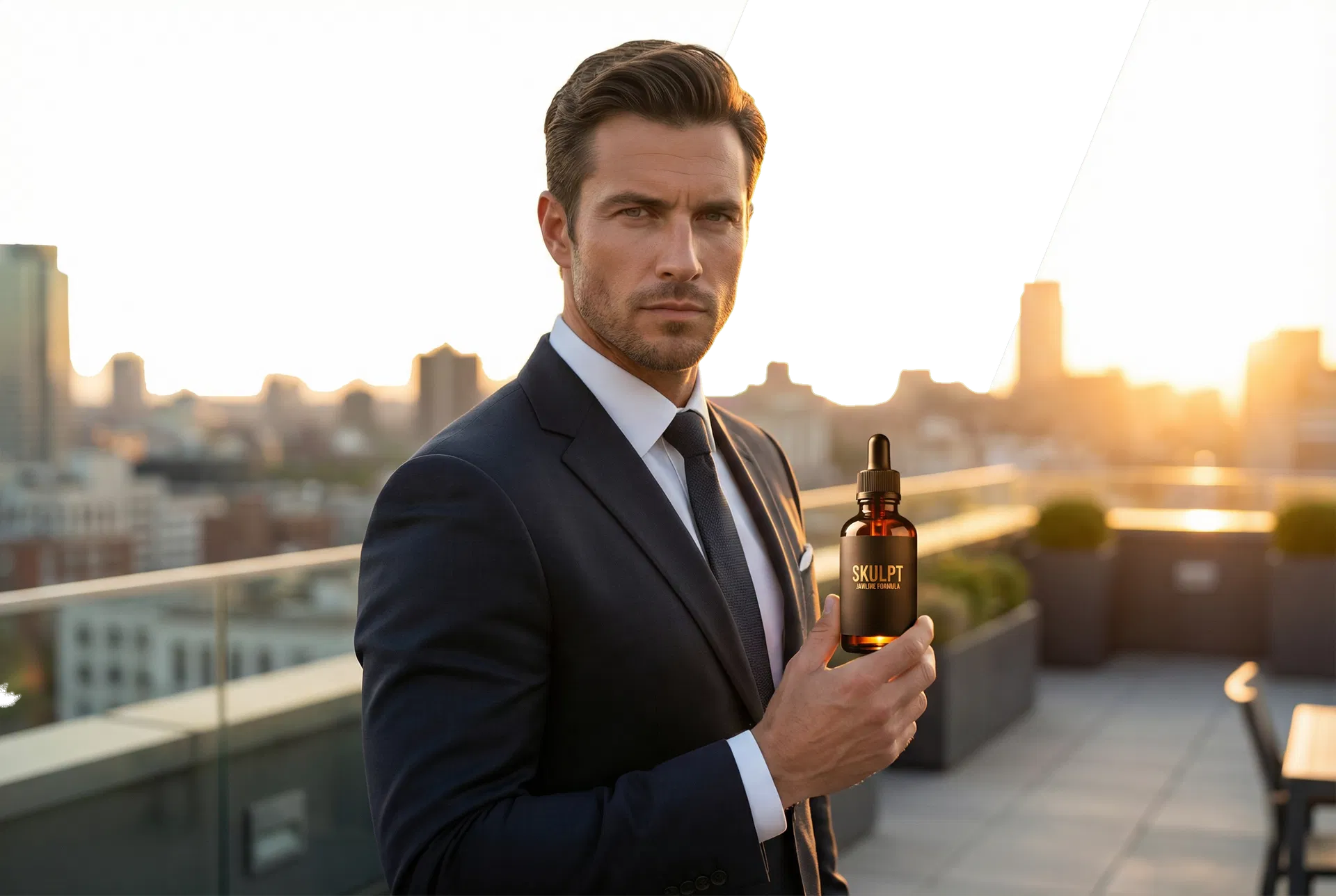 Well-dressed man on a rooftop holding SKULPT at golden hour