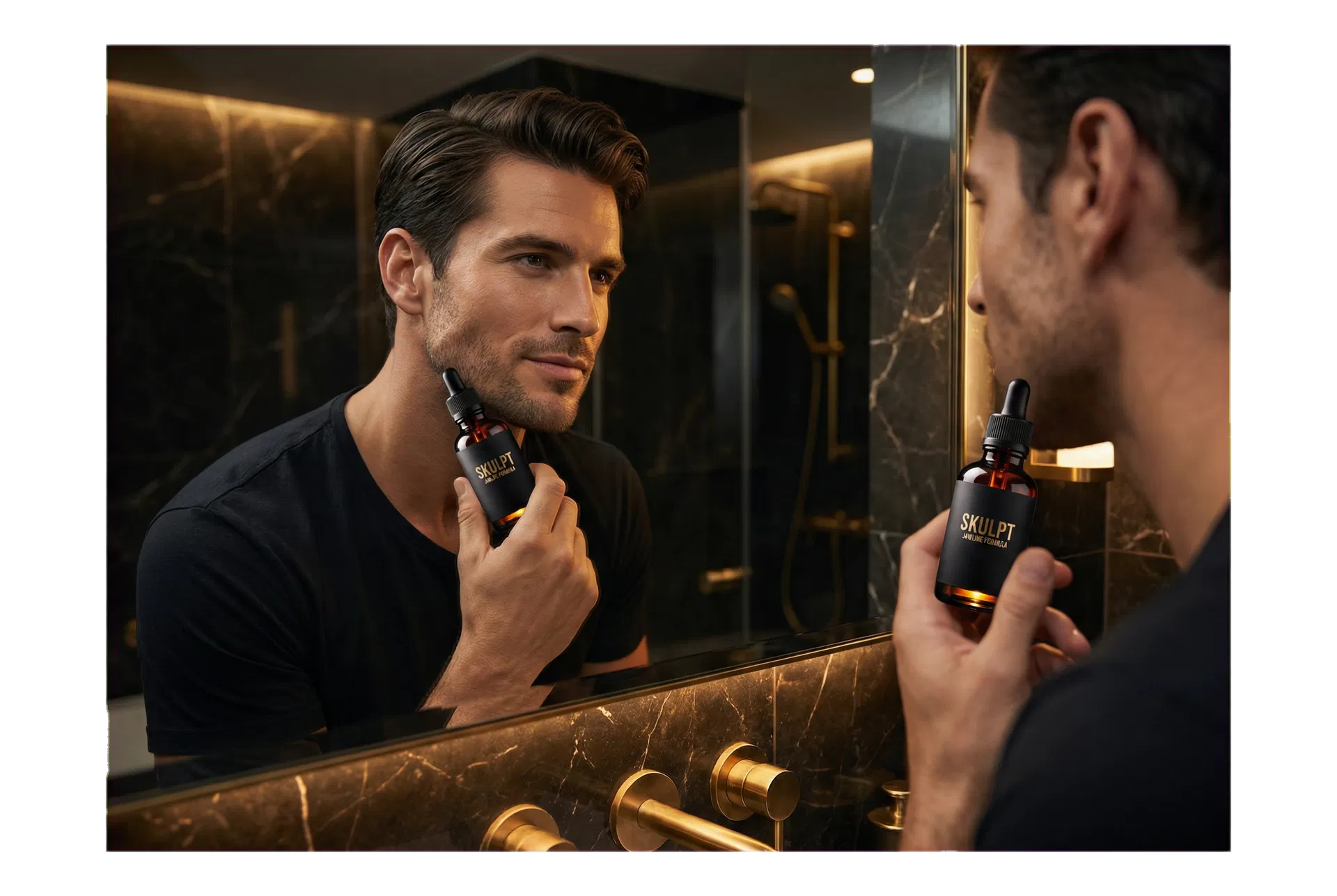 Man using SKULPT in a premium bathroom mirror routine