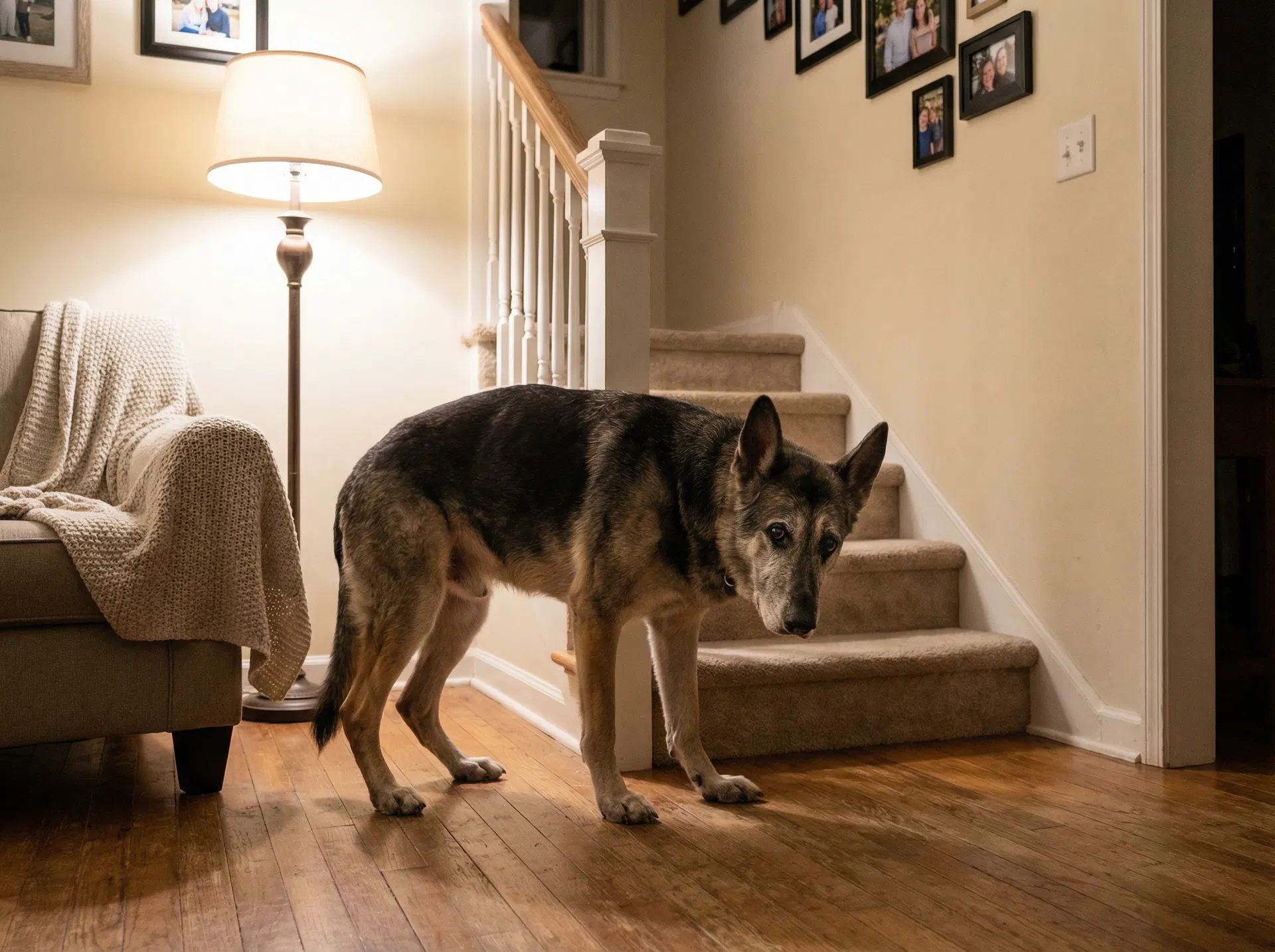 Dog struggling on stairs
