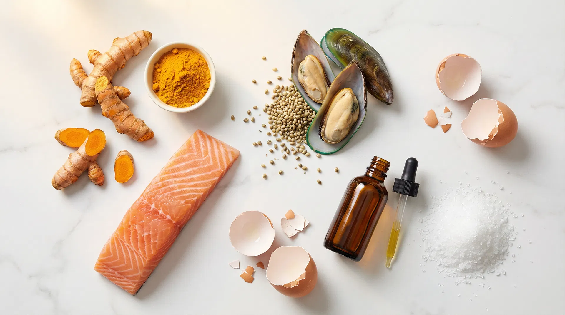 Natural ingredients — turmeric, salmon, green-lipped mussels