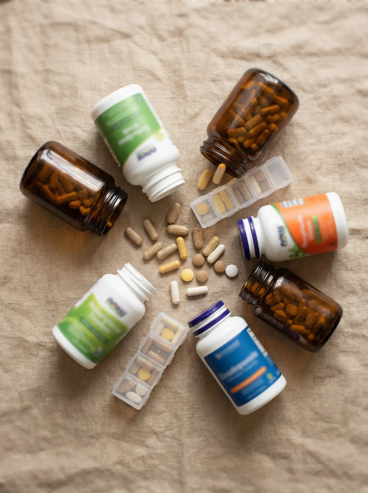 Scattered supplement bottles