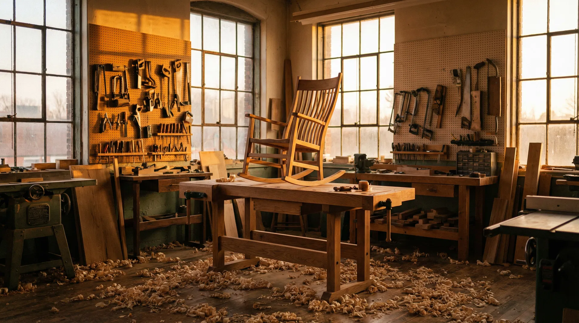 Sunlit woodworking workshop