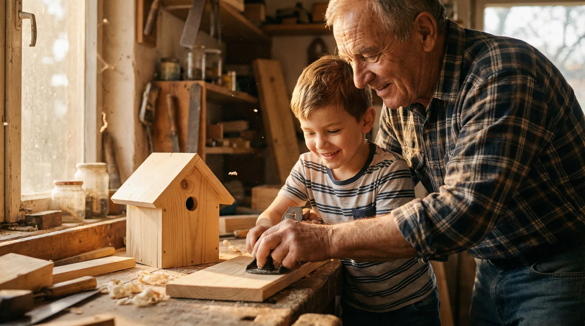 Grandfather teaching grandson woodworking