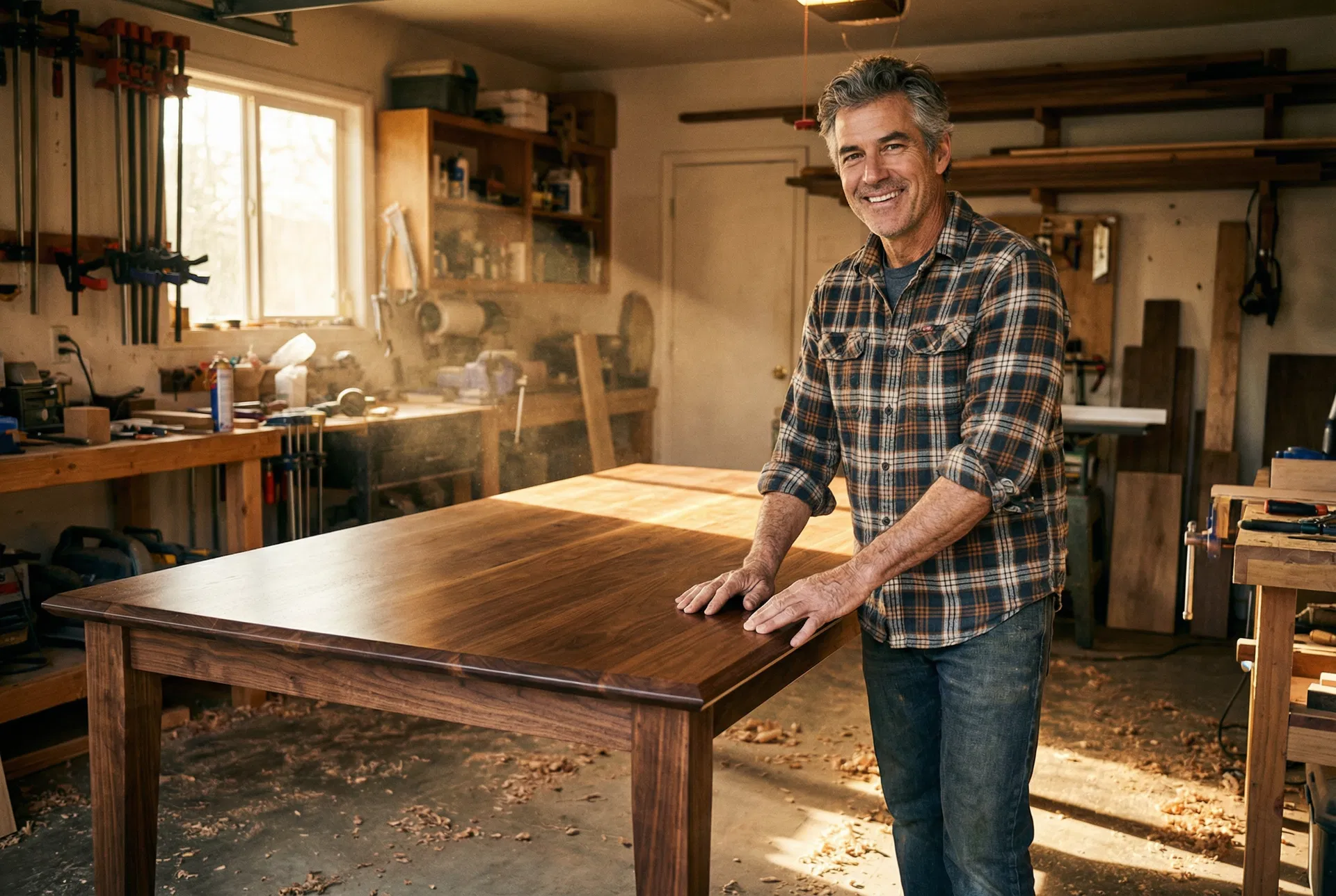 Proud craftsman with finished dining table
