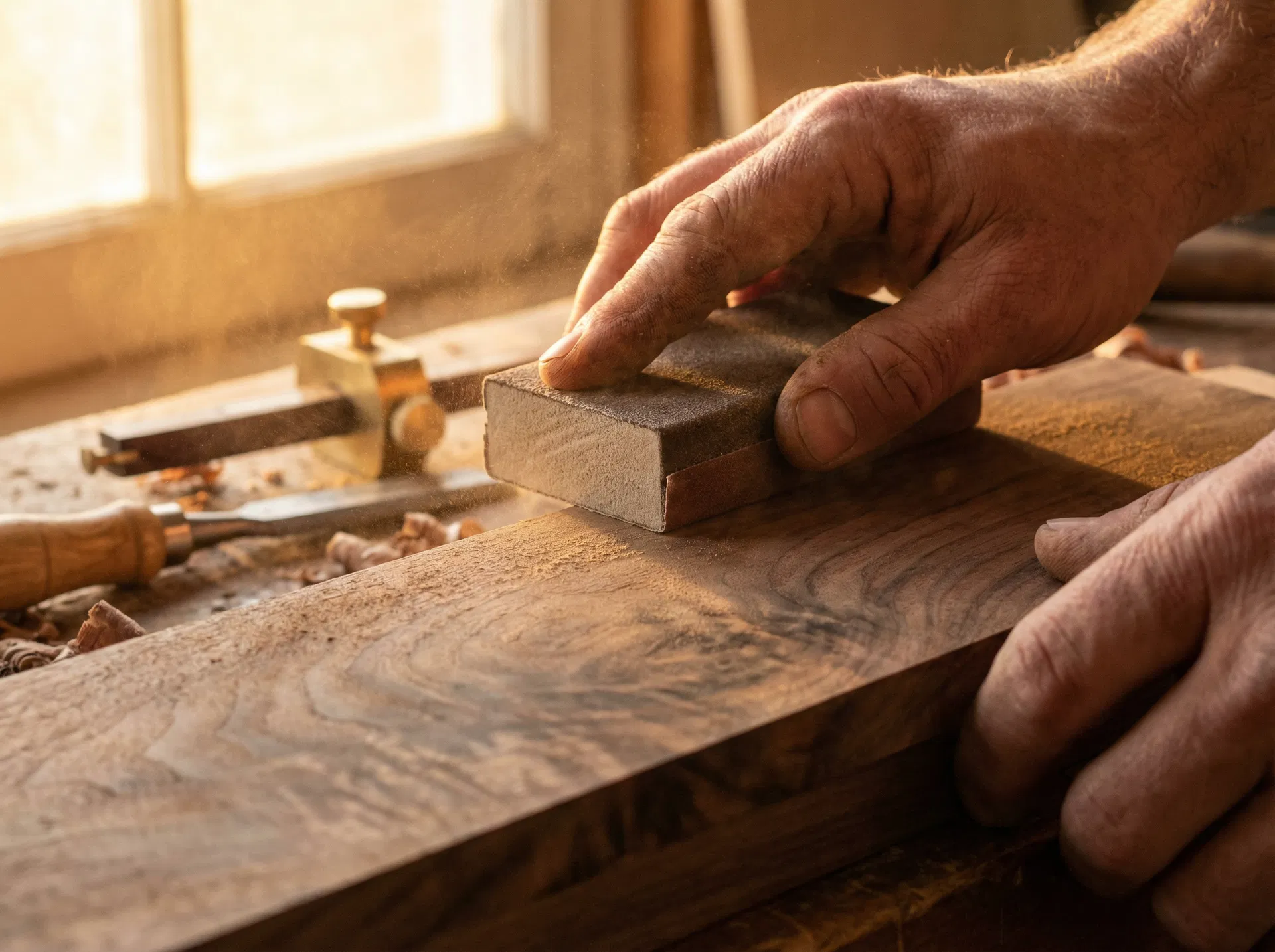 Craftsman's hands carefully sanding walnut wood