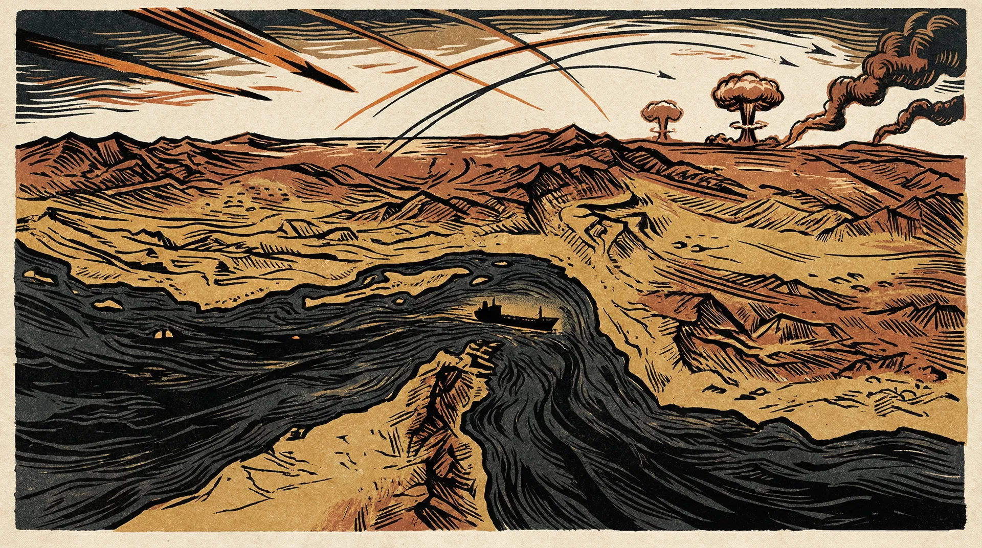 Hormuz 海峽戰略形勢圖（版畫風格插圖）