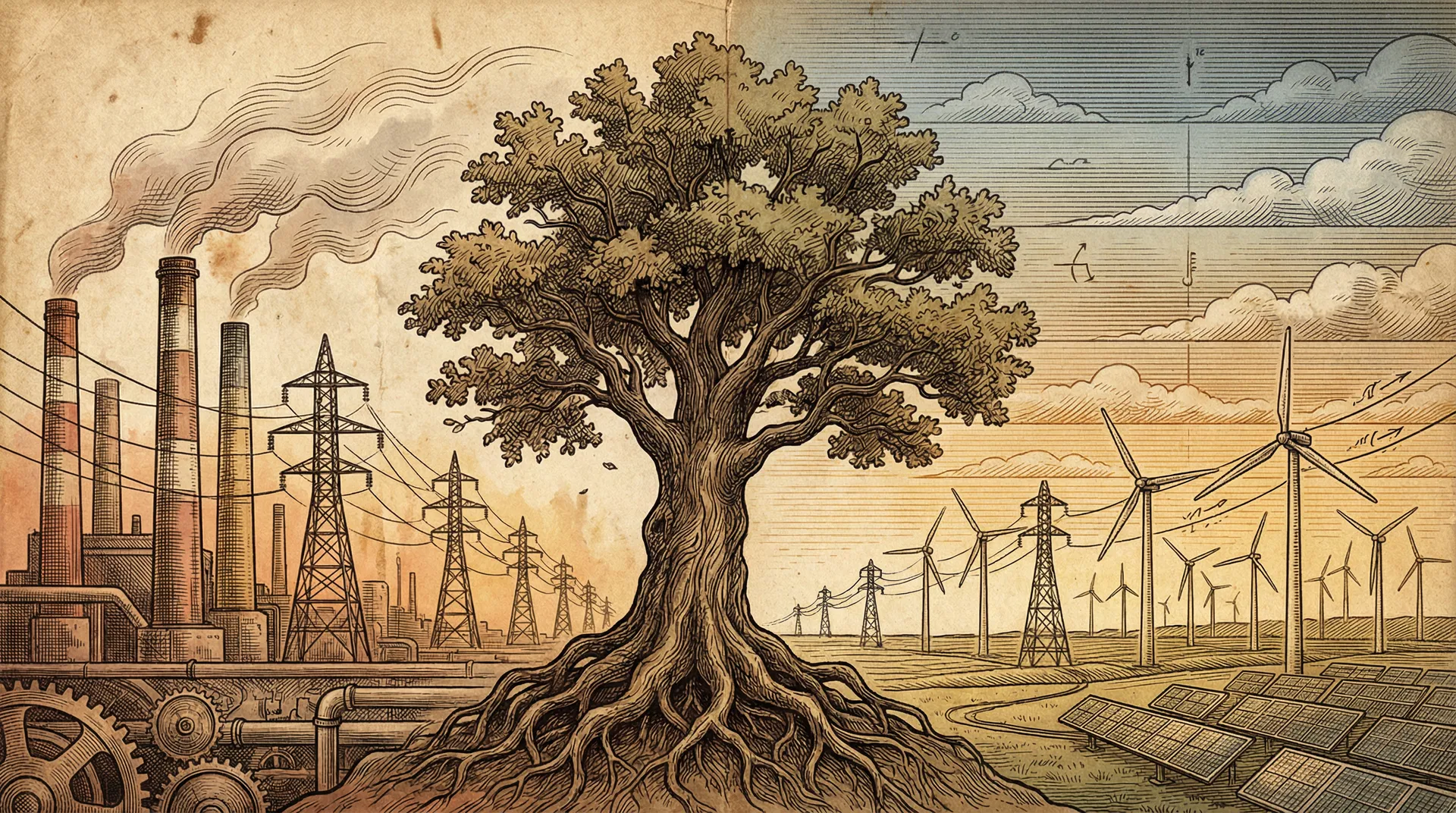 Solar array and UHV towers under storm clouds