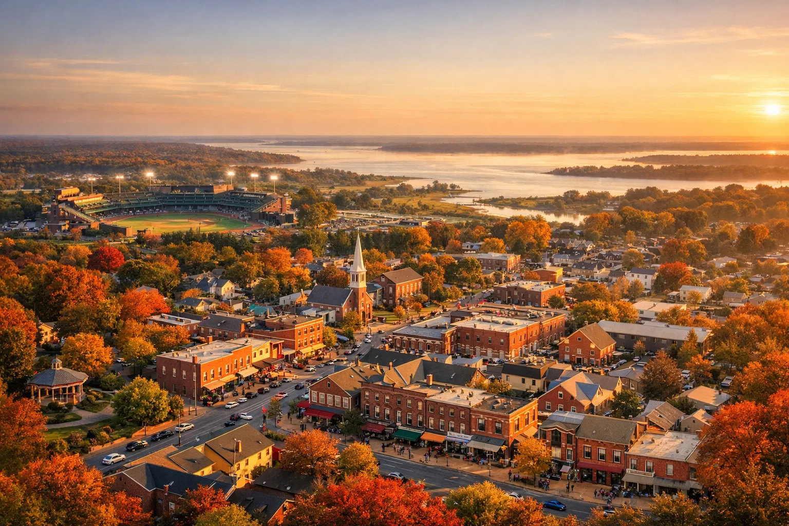 Aerial view of Aberdeen, Maryland at golden hour
