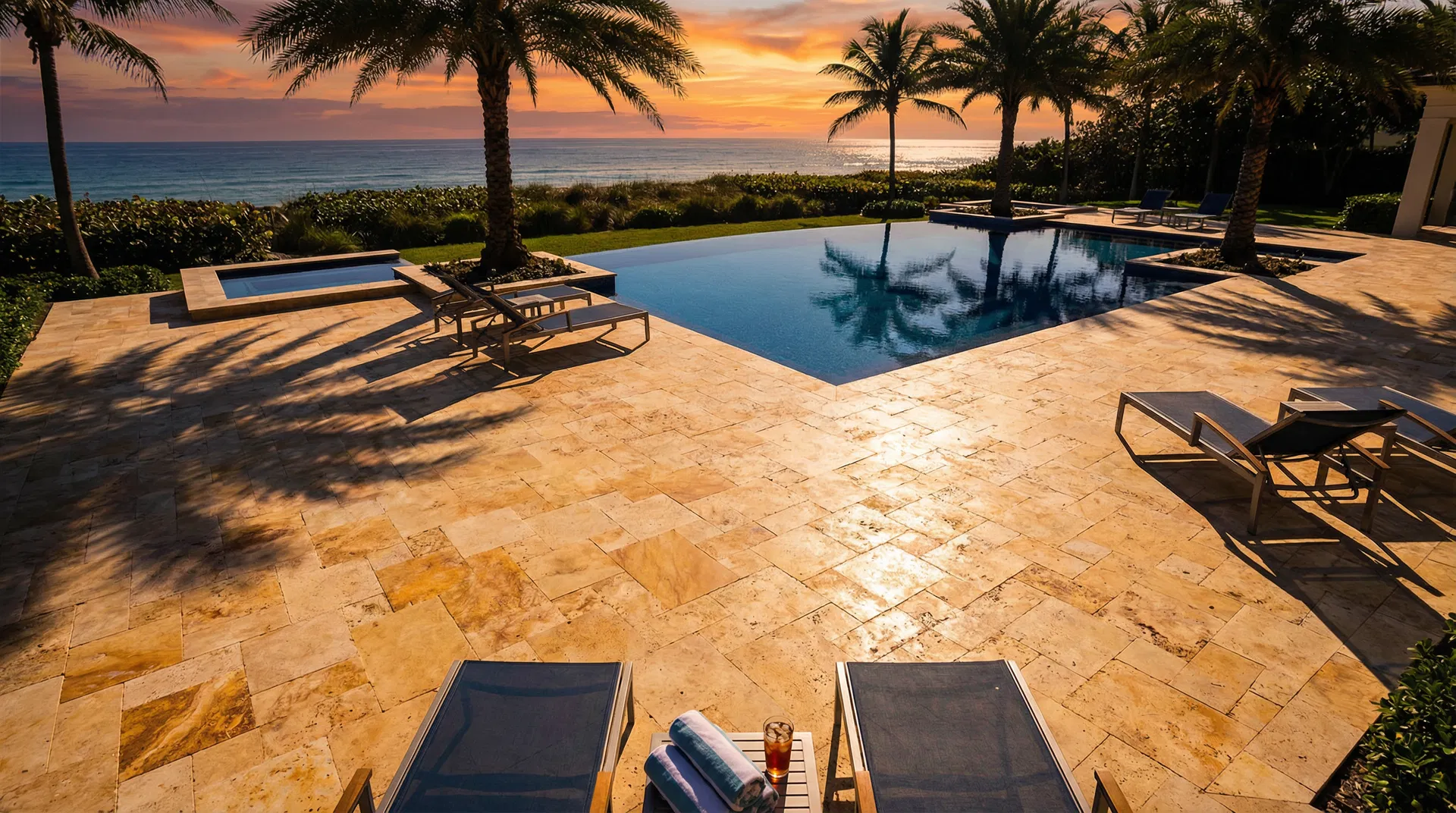 Luxury travertine pool deck Palm Beach