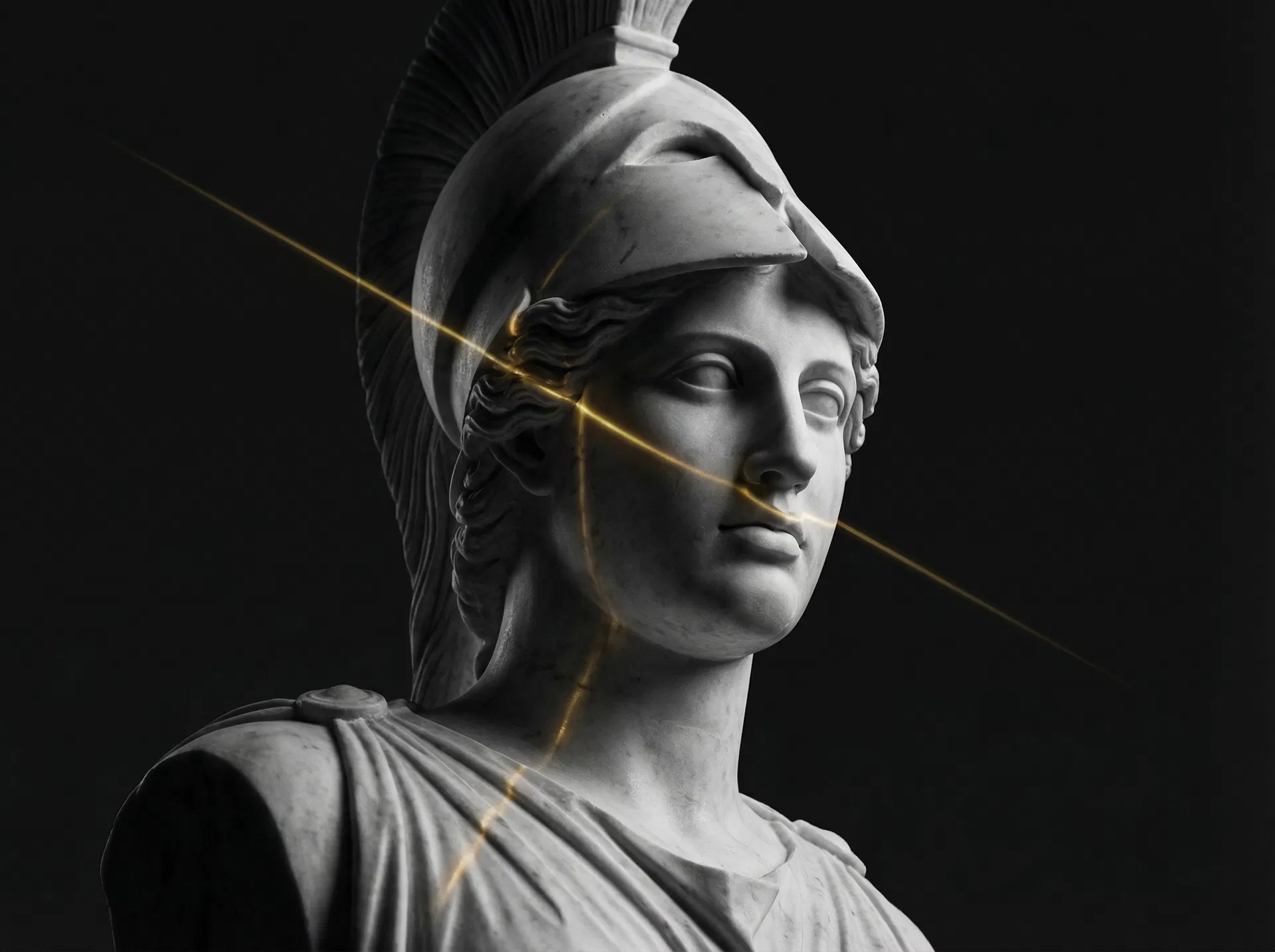Athena sculpture with golden light streaks — wisdom meets technology