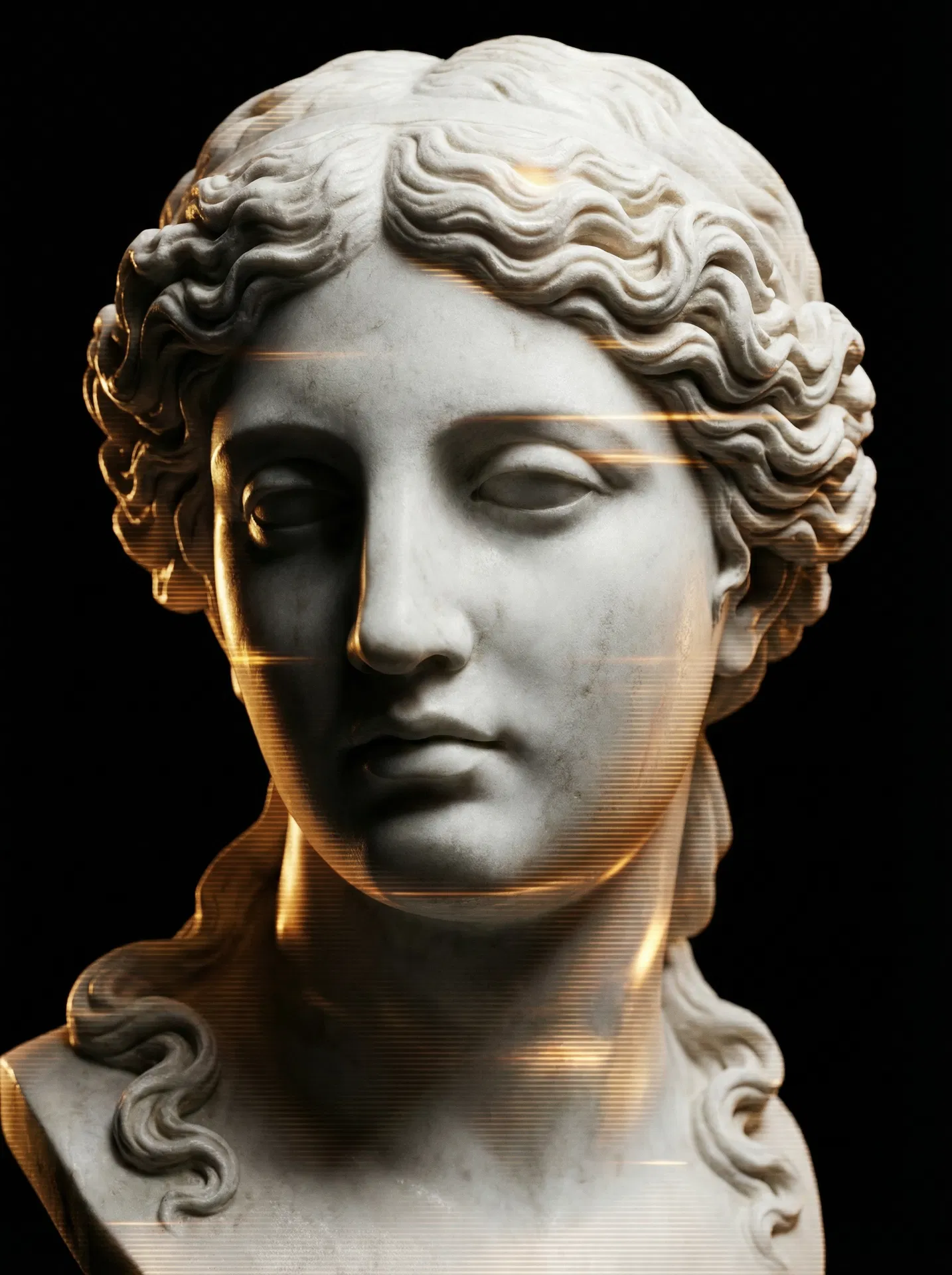 Contemplative marble sculpture with golden digital light — wisdom meets technology