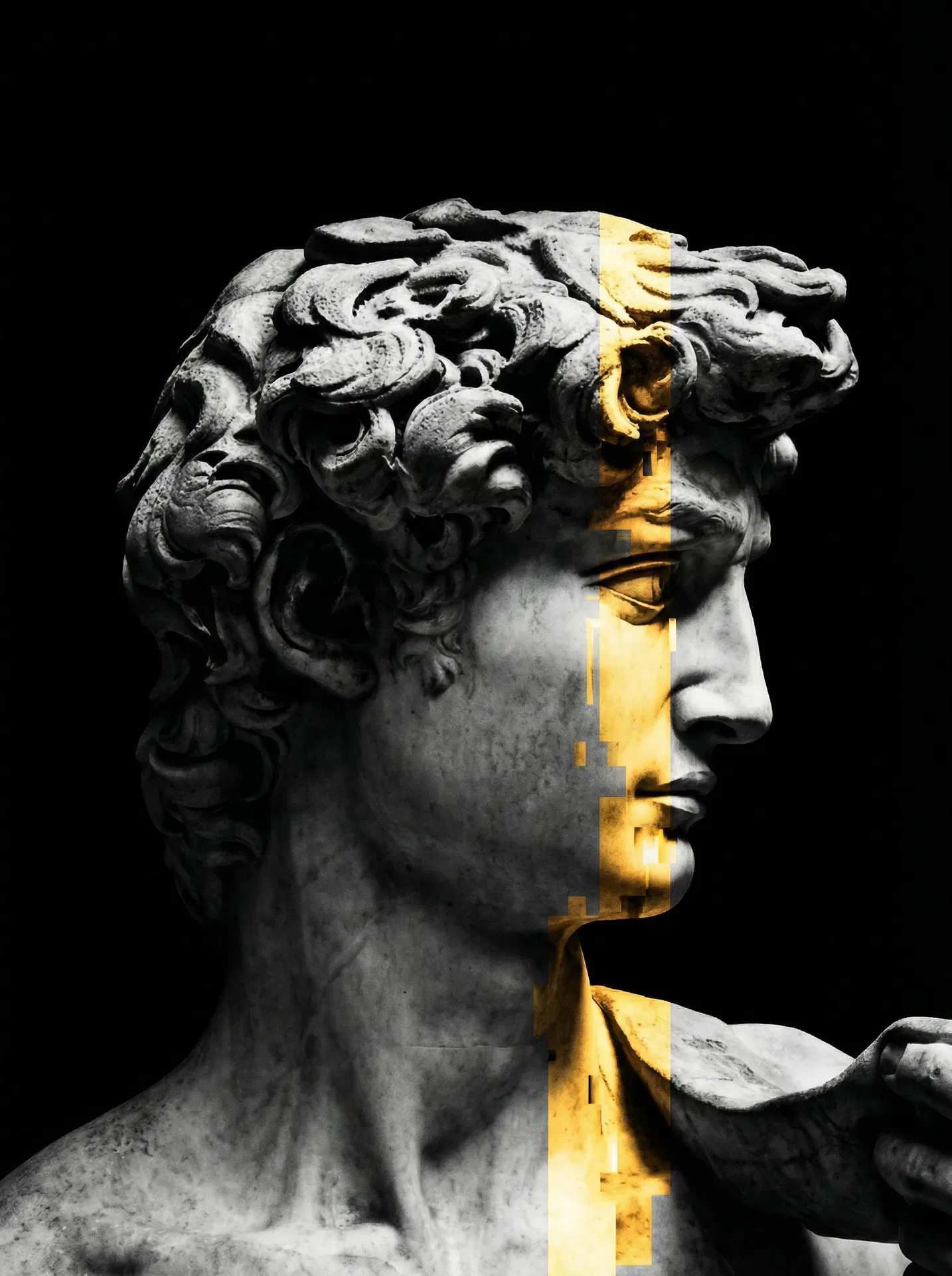 Neoclassical sculpture with digital golden light — representing the fusion of human artistry and AI intelligence