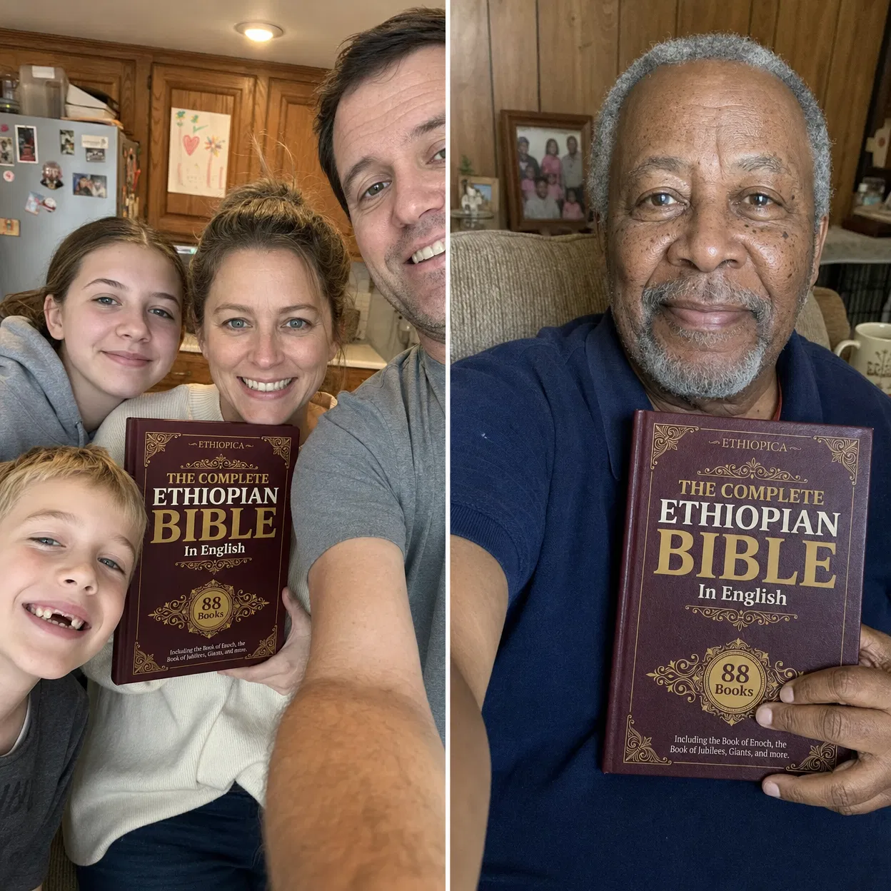 Two candid iPhone selfies side by side: a young family selfie in the kitchen and an older man's selfie in his armchair, each holding The Complete Ethiopian Bible