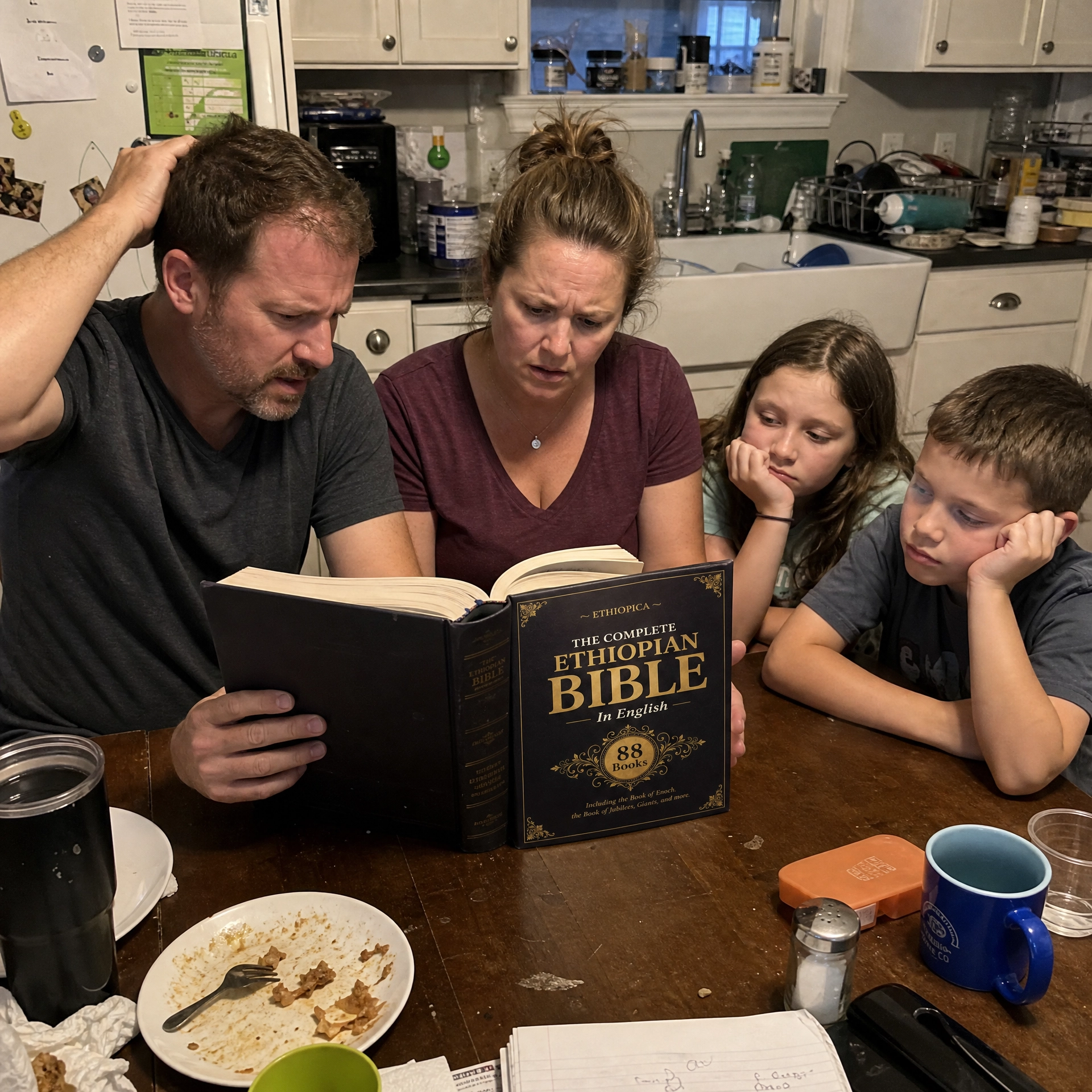 A family looking overwhelmed flipping through the thick Ethiopian Bible at the kitchen table