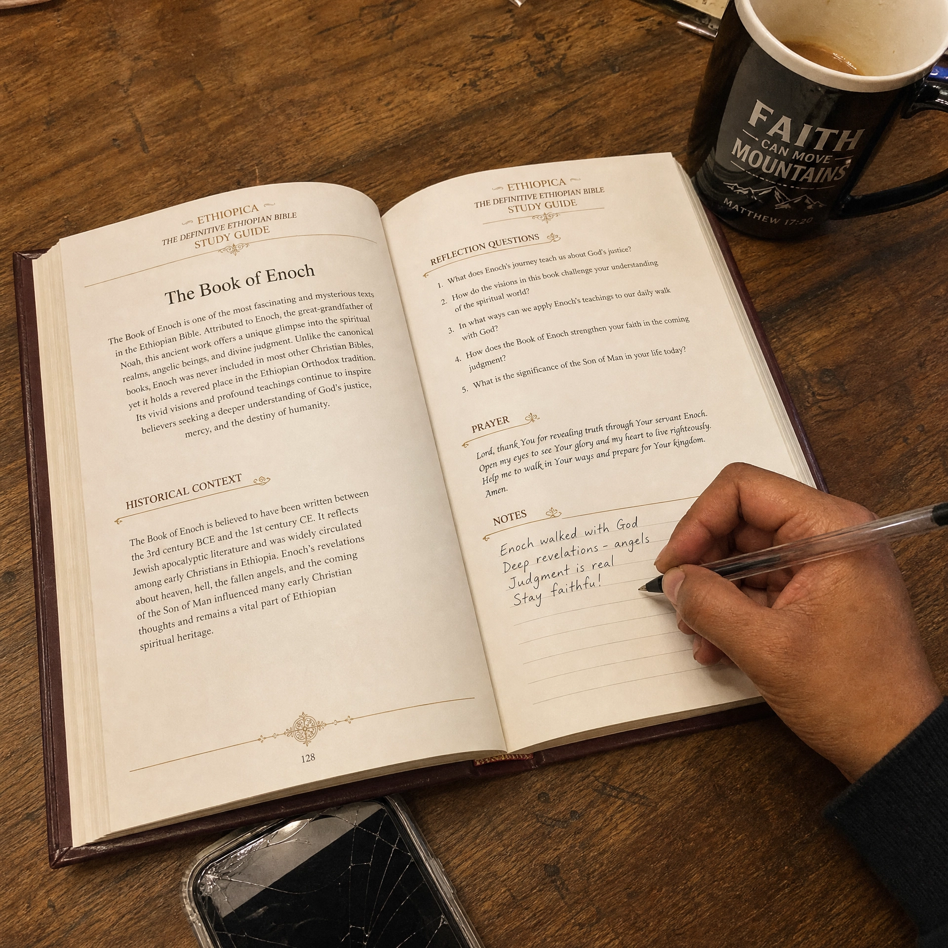 The Study Guide open on a desk showing commentary, reflection questions, and notes space