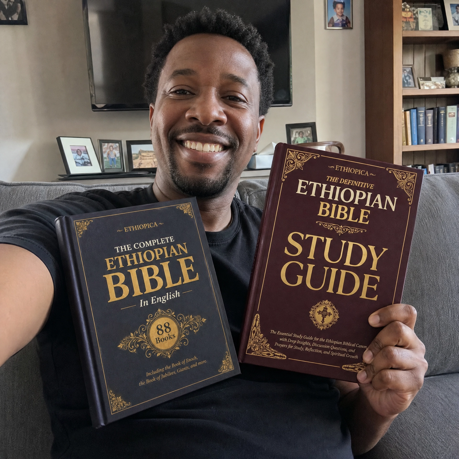 A confident reader holding both the Ethiopian Bible and the Study Guide together