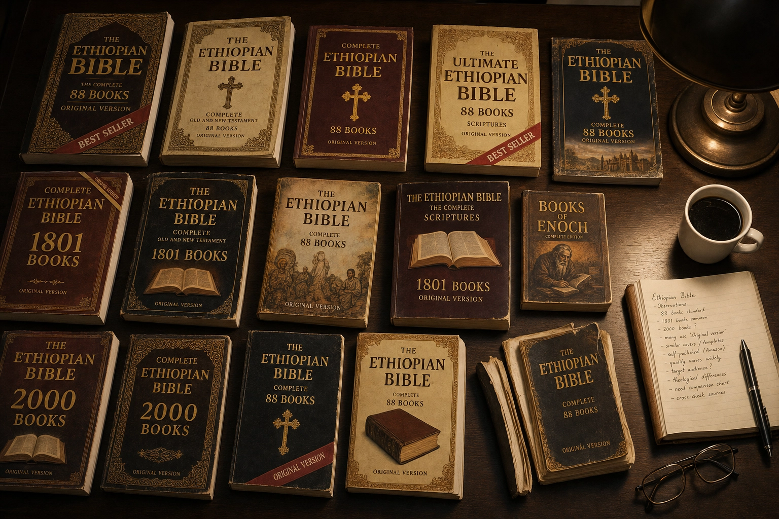 Eleven of the fourteen Ethiopian Bible editions tested on a desk during the investigation.