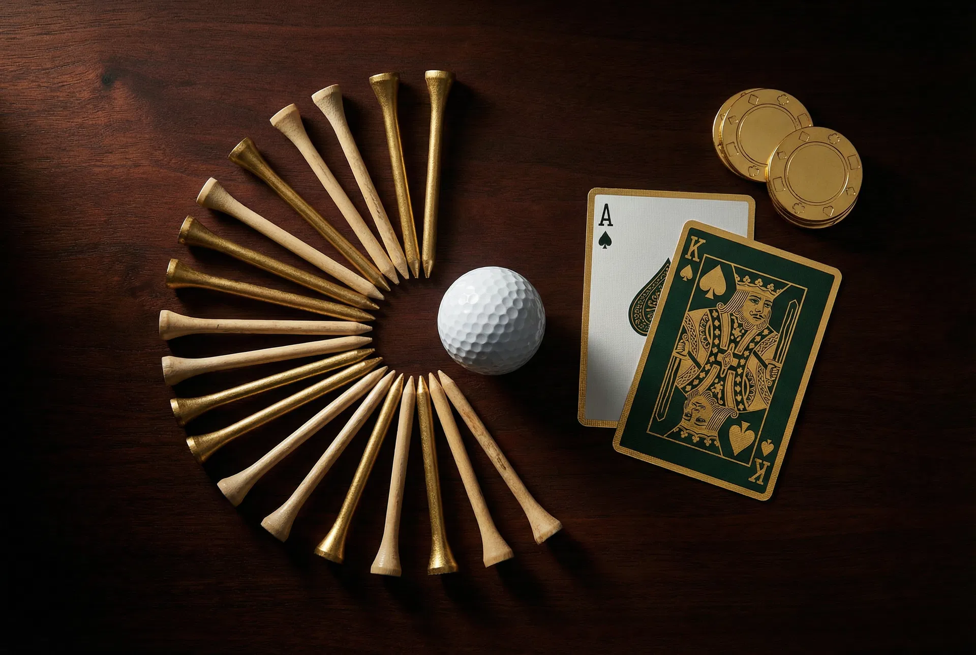 Golf tees, cards, and poker chips