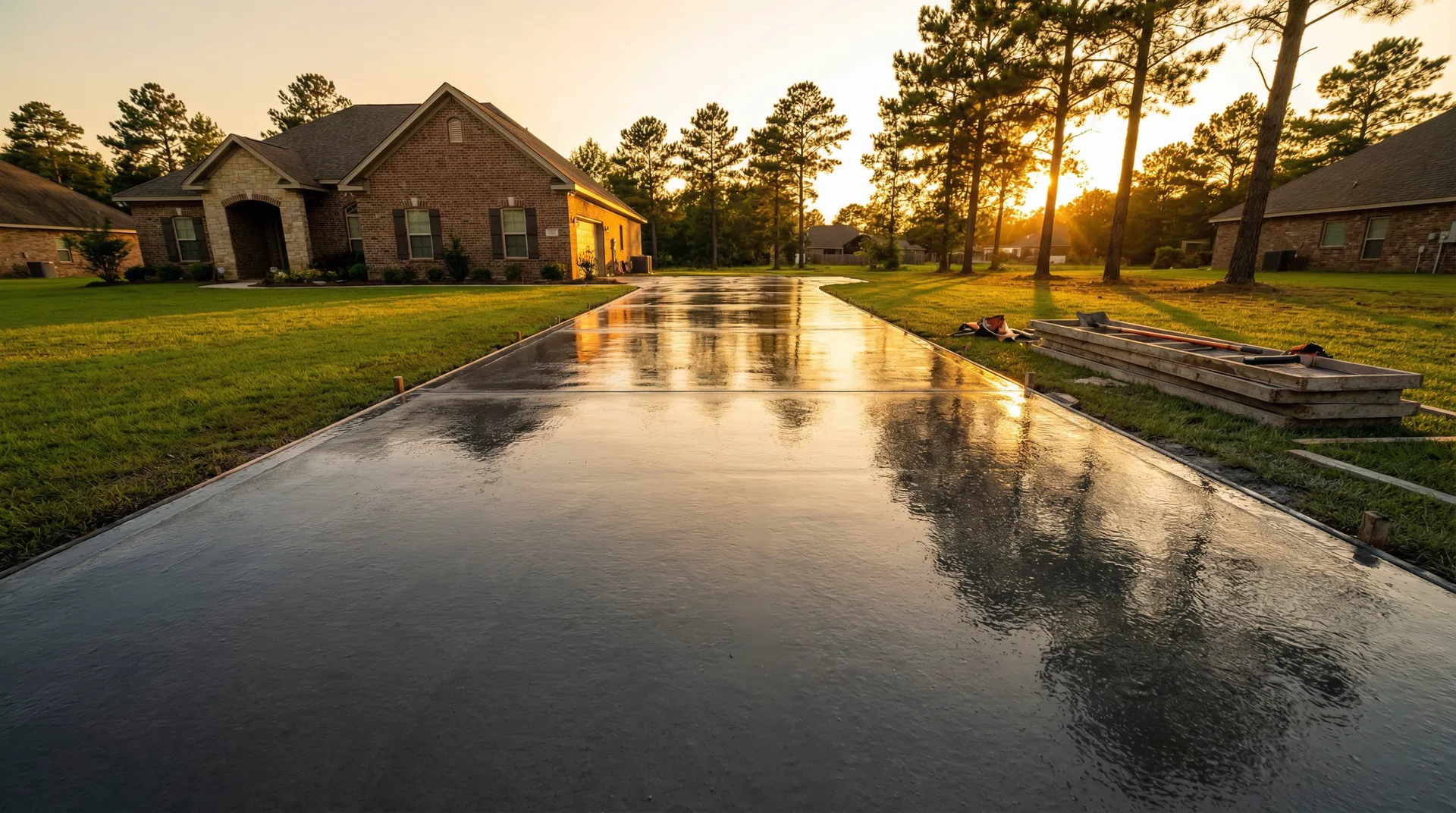 Freshly poured concrete driveway at golden hour