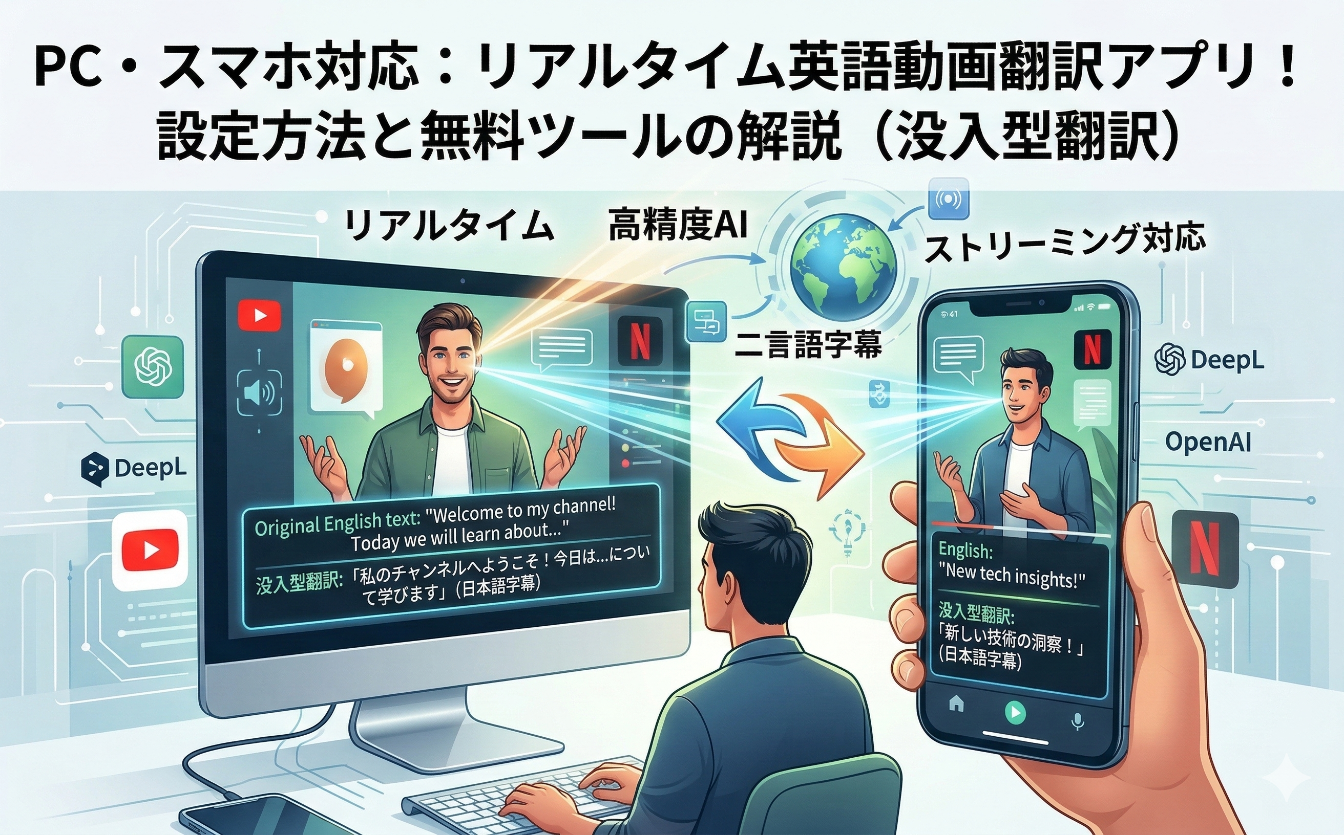【PC・スマホ】リアルタイム英語動画翻訳アプリ!設定方法と無料ツールの解説 - 記事のカバー画像