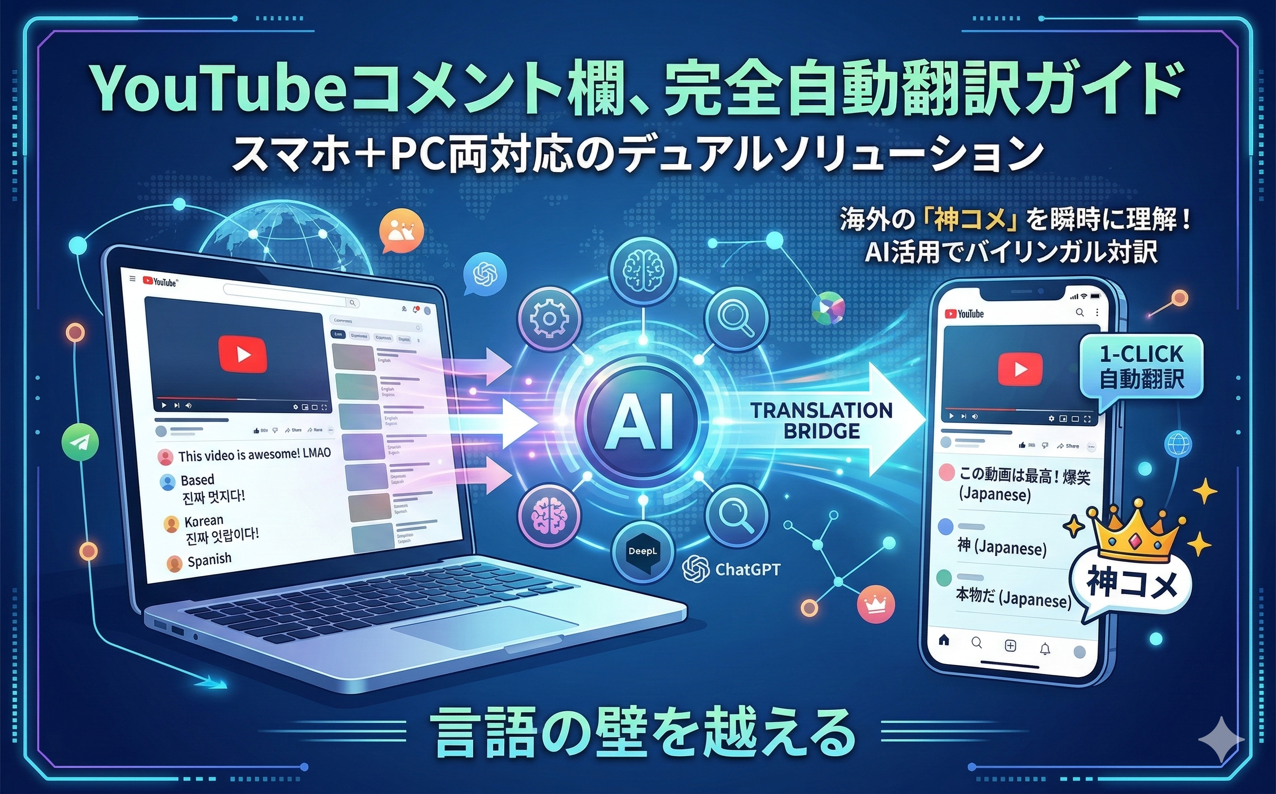 YouTubeコメント欄、完全自動翻訳ガイド：スマホ＋PC両対応のデュアルソリューションで、海外の「神コメ」を瞬時に理解。 - 記事のカバー画像