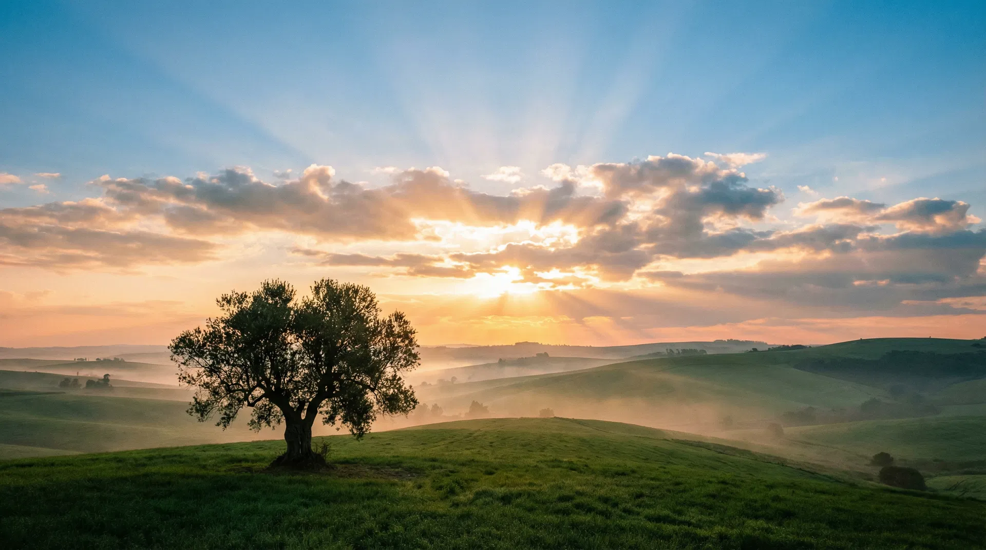 Sunrise over rolling green hills — hope and new beginnings